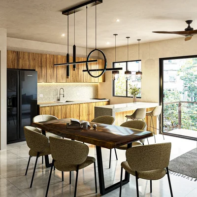 View of Modern Dining Room at Xacte, showcasing Open Concept Kitchen, Wood Cabinetry.