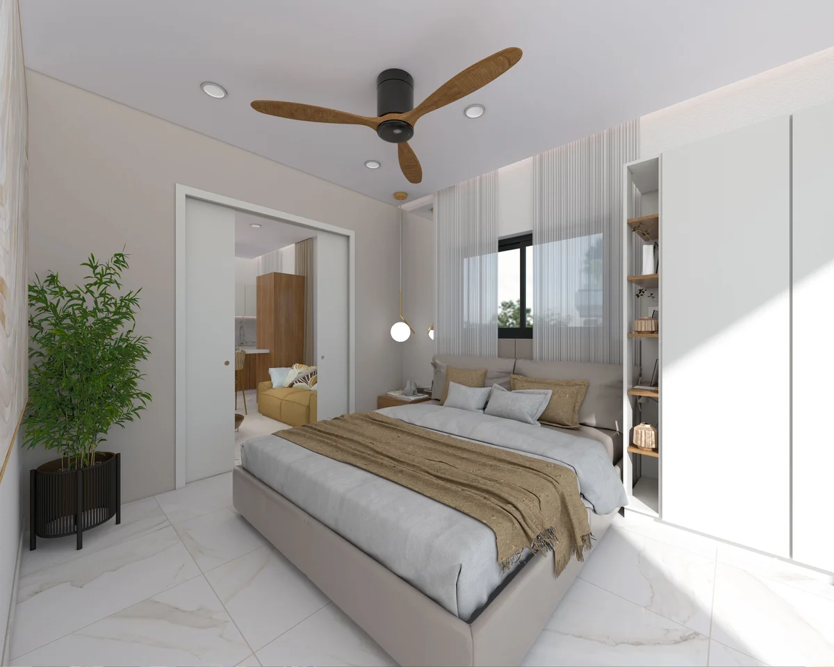 View of Modern Bedroom at Ola de Mar, showcasing Interior Design, Real Estate Rendering.