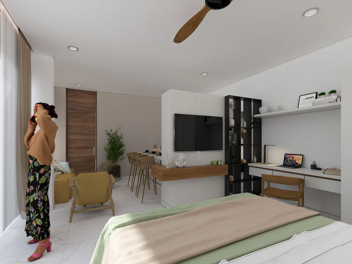 View of Studio Apartment at Ola de Mar, showcasing Modern Bedroom, Open Concept Living.