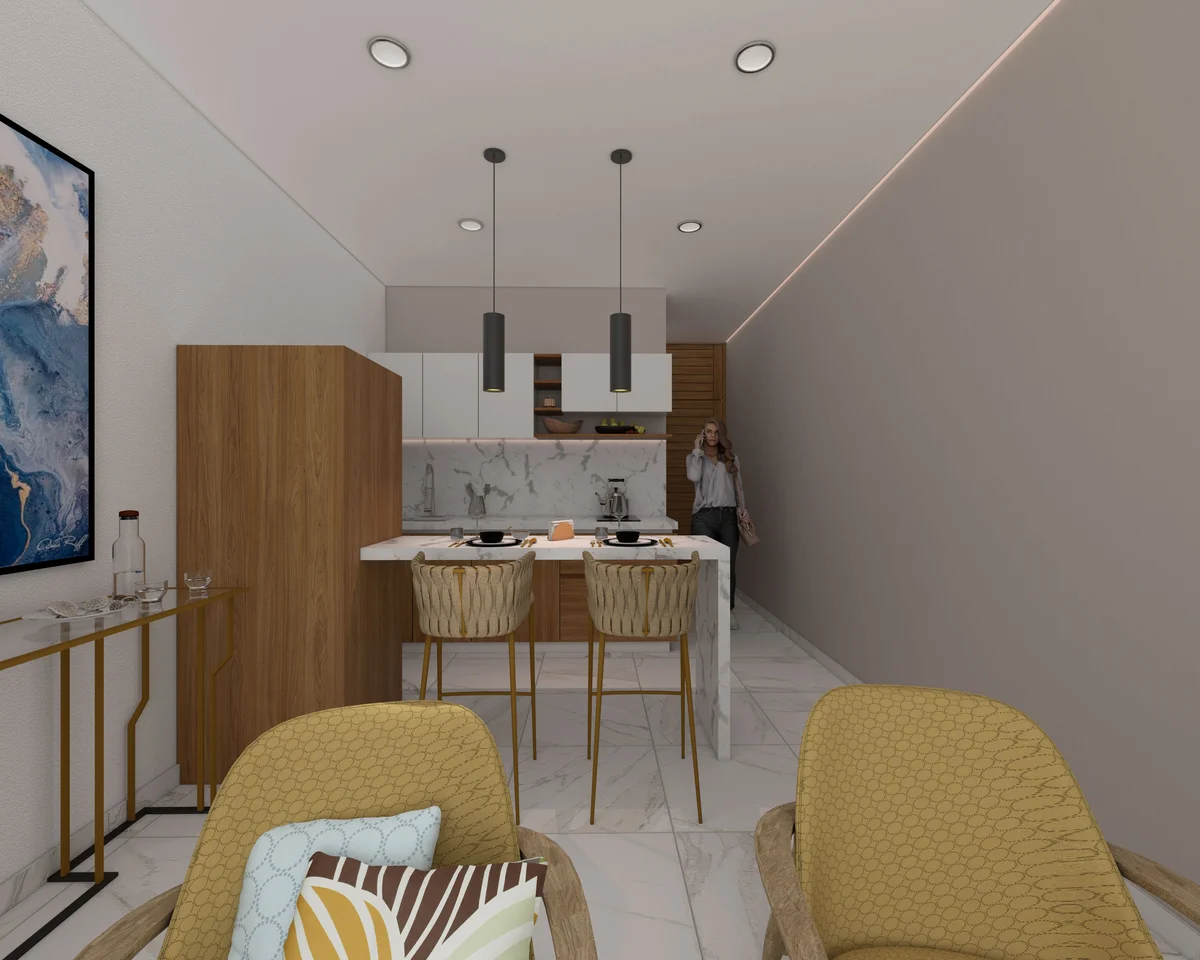 View of Digital Rendering at Ola de Mar, showcasing Modern Kitchen, Open Concept Living.