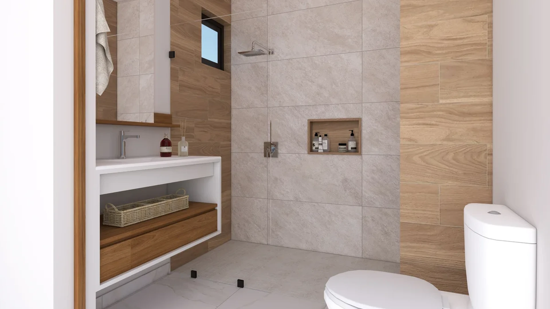 View of Modern Bathroom at Ola de Mar, showcasing Walk-in Shower, Wood-look Tile.