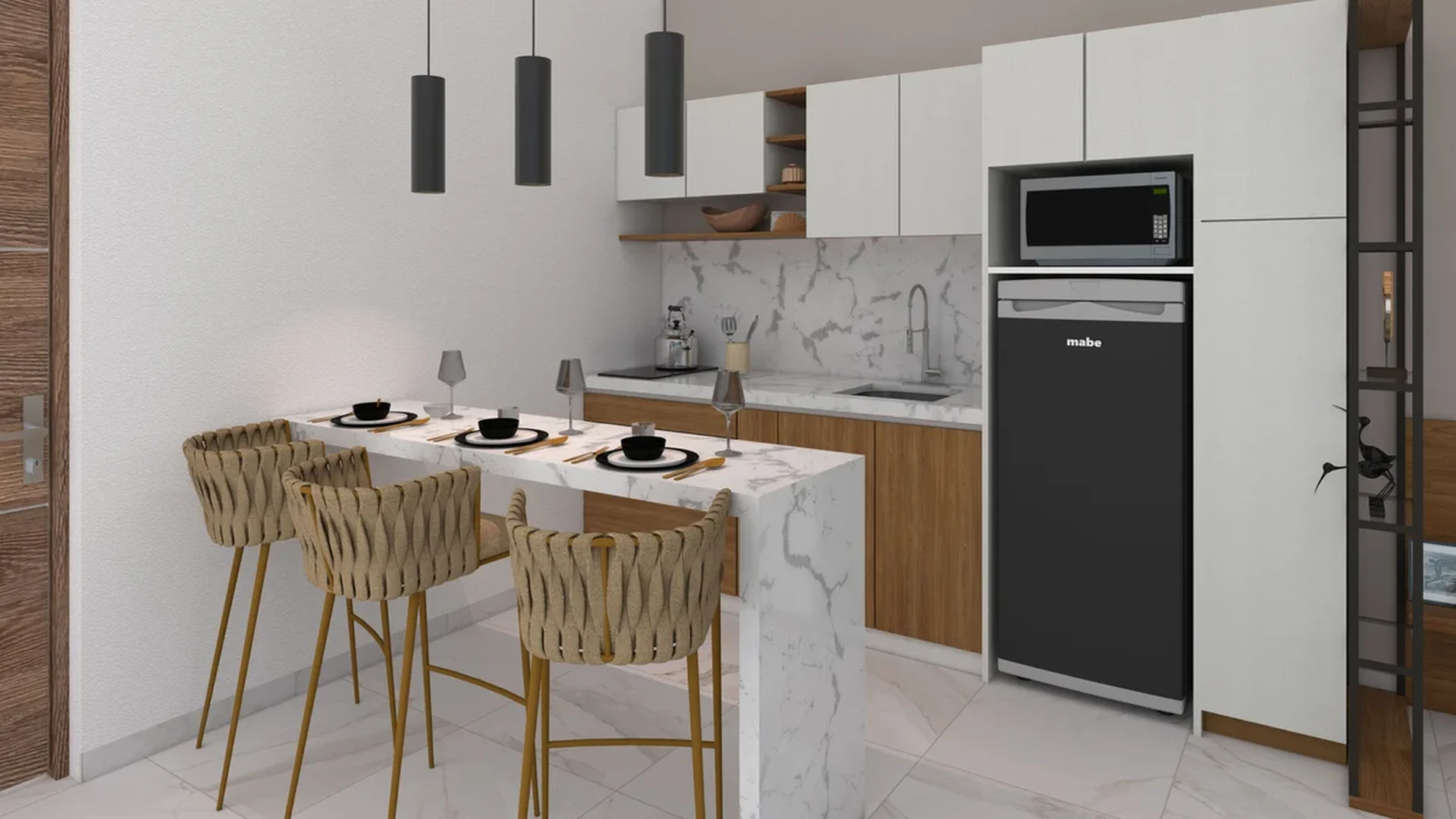 View of Modern Kitchenette at Ola de Mar, showcasing Breakfast Bar, Marble Countertops.