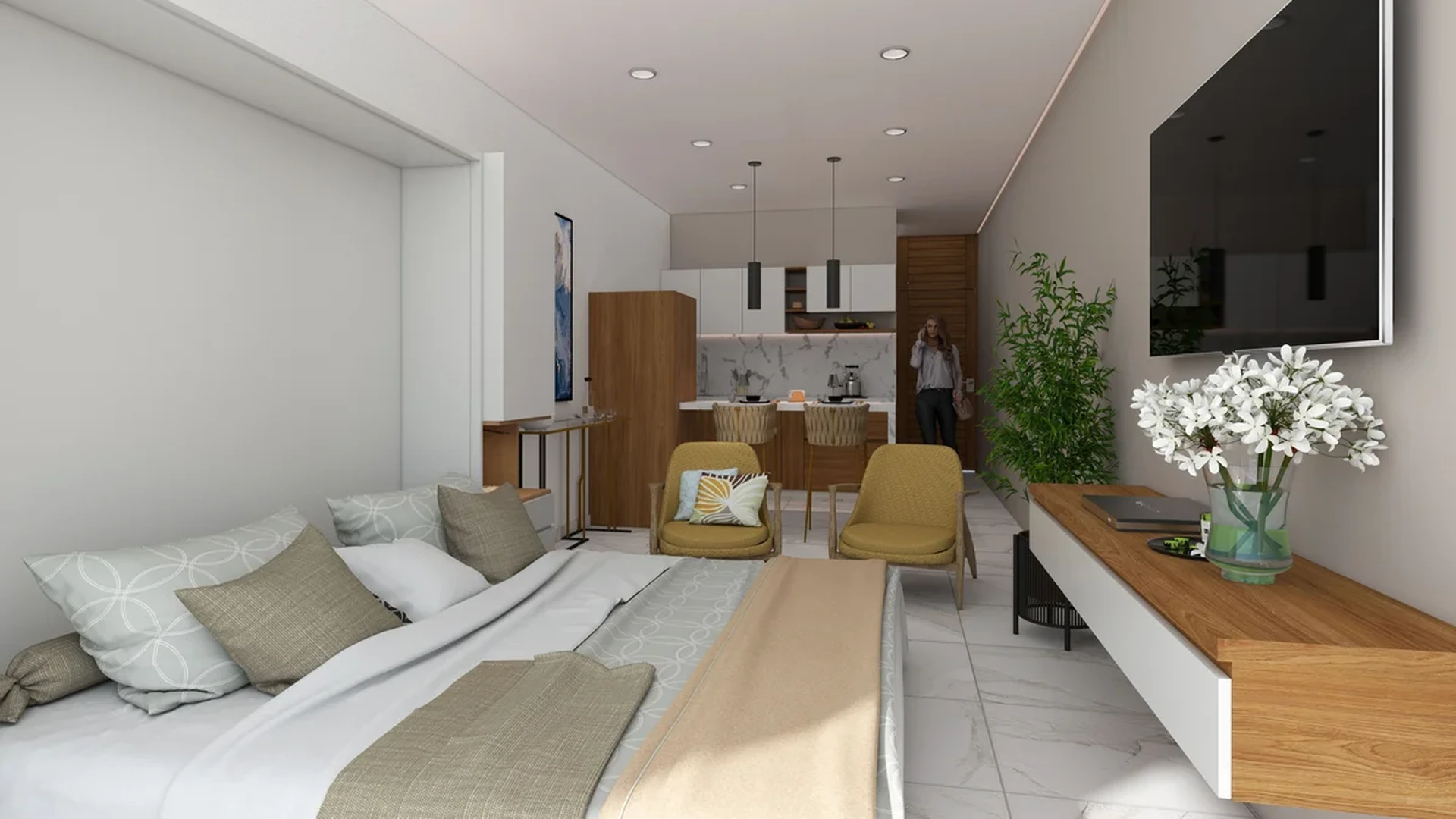 View of Studio Apartment at Ola de Mar, showcasing Open Concept Living, Modern Kitchenette.