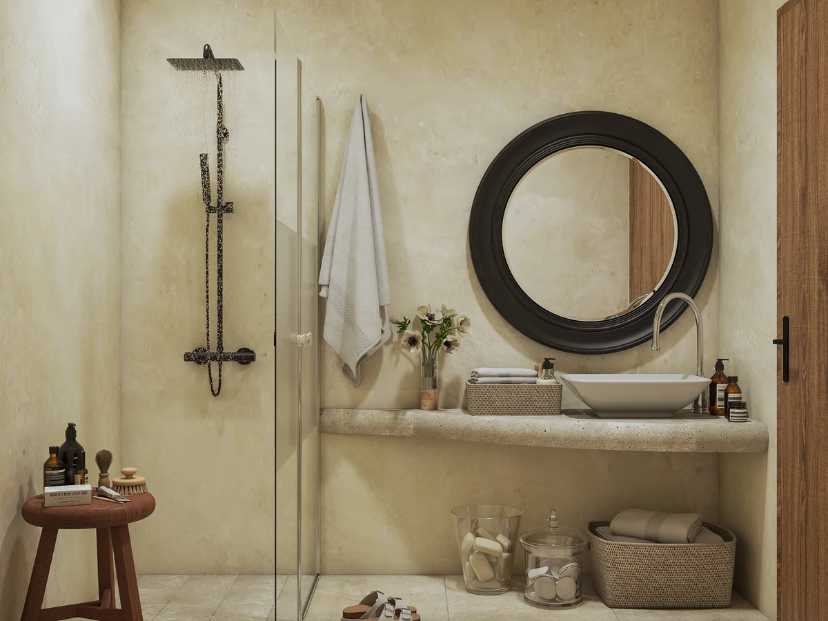 View of Modern Bathroom at Aurea, showcasing Walk-in Shower, Rustic Design.