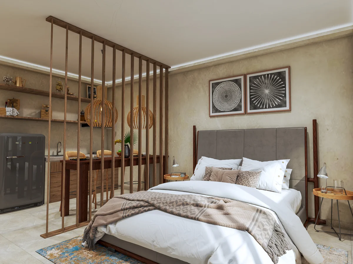 View of Studio Apartment at Aurea, showcasing Modern Bedroom, Kitchenette.