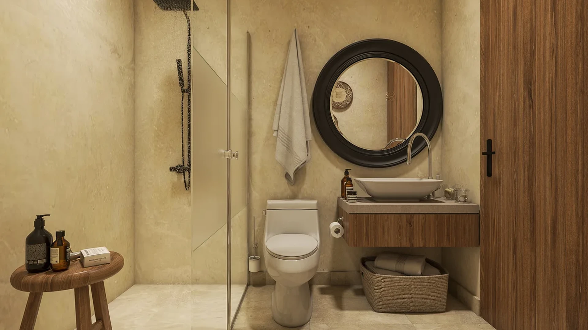 View of Modern Bathroom at Aurea, showcasing Walk-in Shower, Rainfall Showerhead.