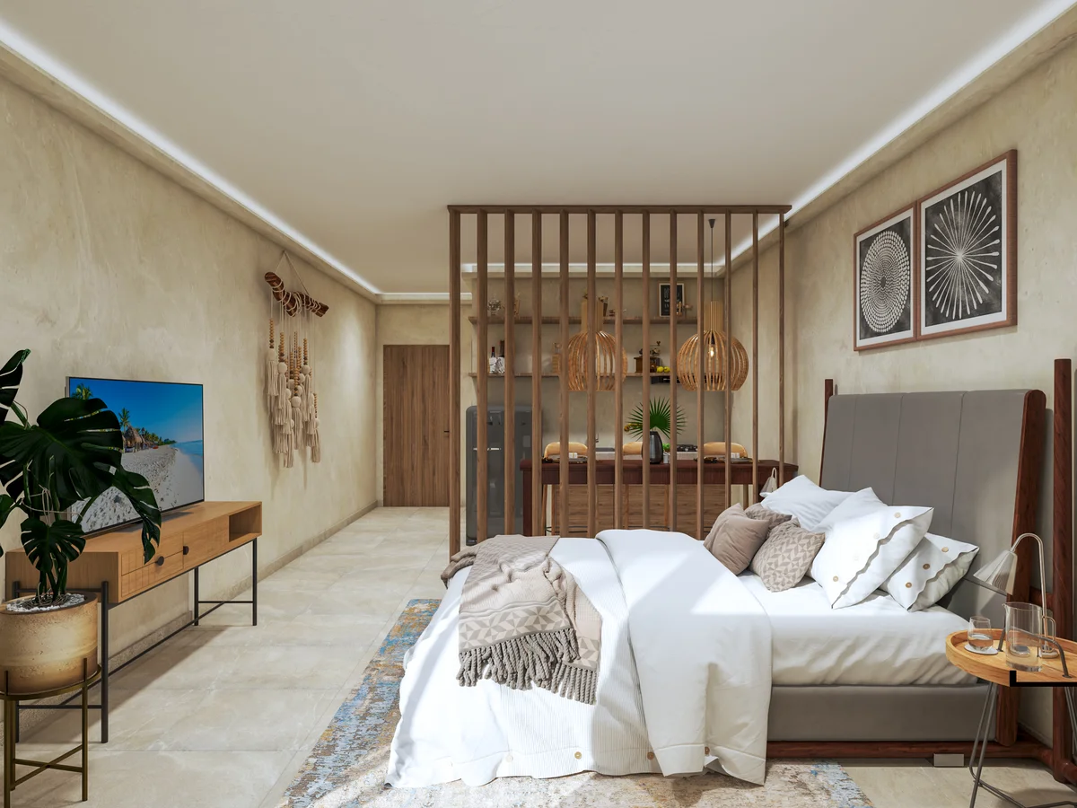 View of Studio Apartment at Aurea, showcasing Modern Bedroom, Bohemian Decor.