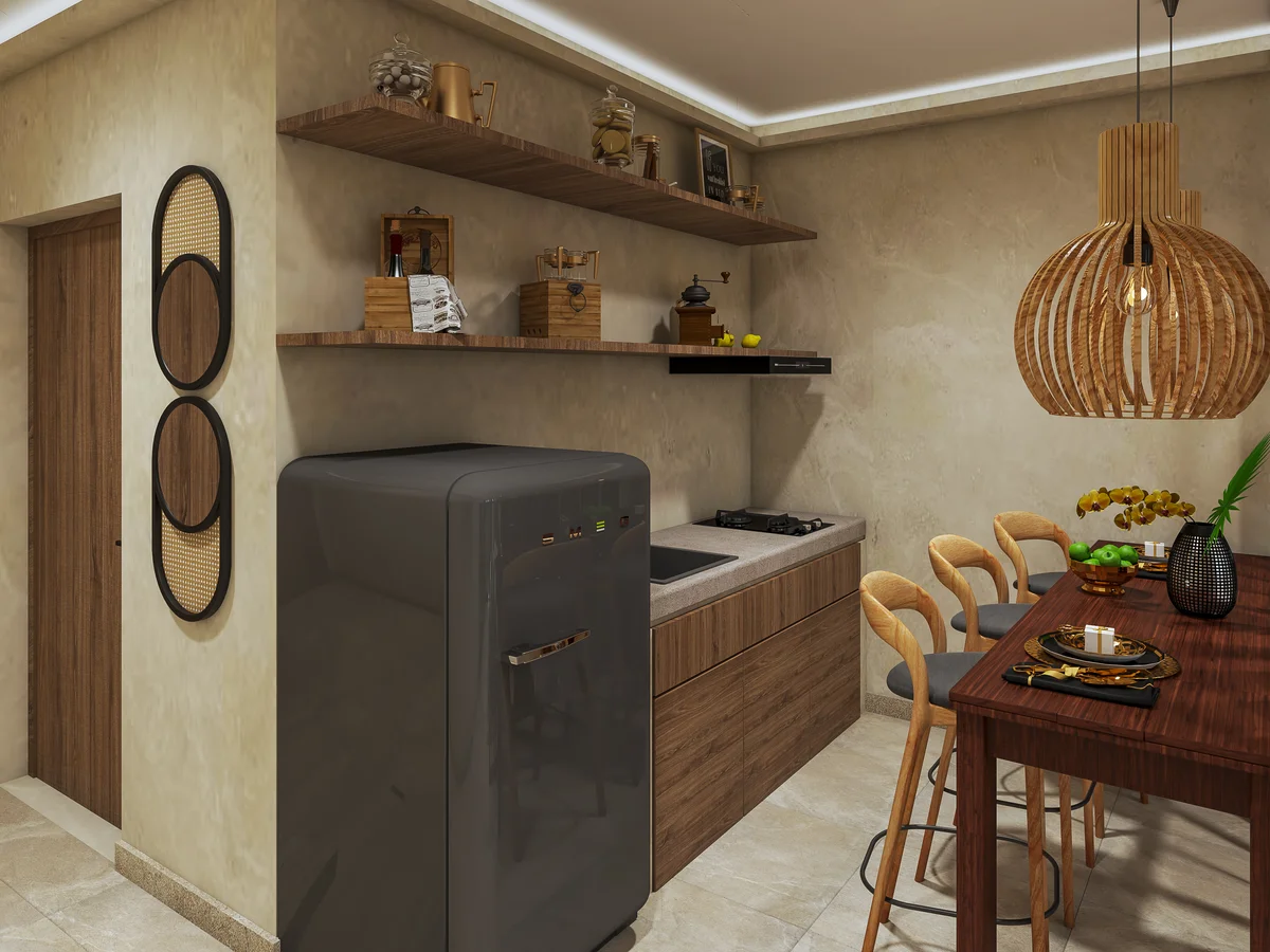 View of Kitchenette at Aurea, showcasing Dining Area, Modern Design.