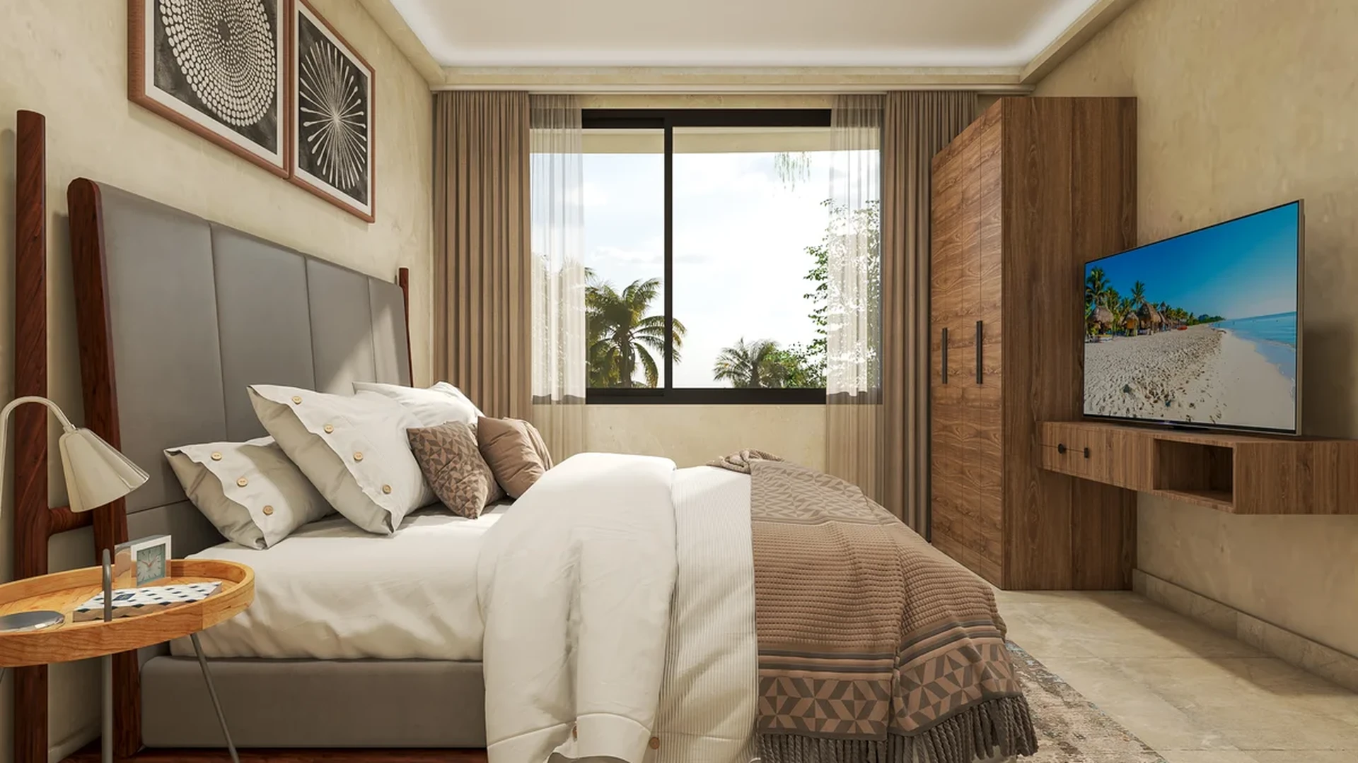 View of Bedroom at Aurea, showcasing Modern Interior, Wood Furniture.