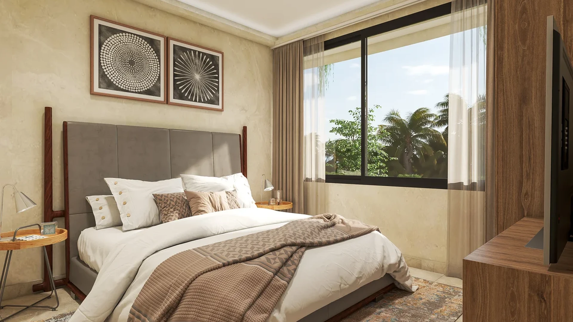 View of Modern Bedroom at Aurea, showcasing Natural Light, Staged Bedroom.