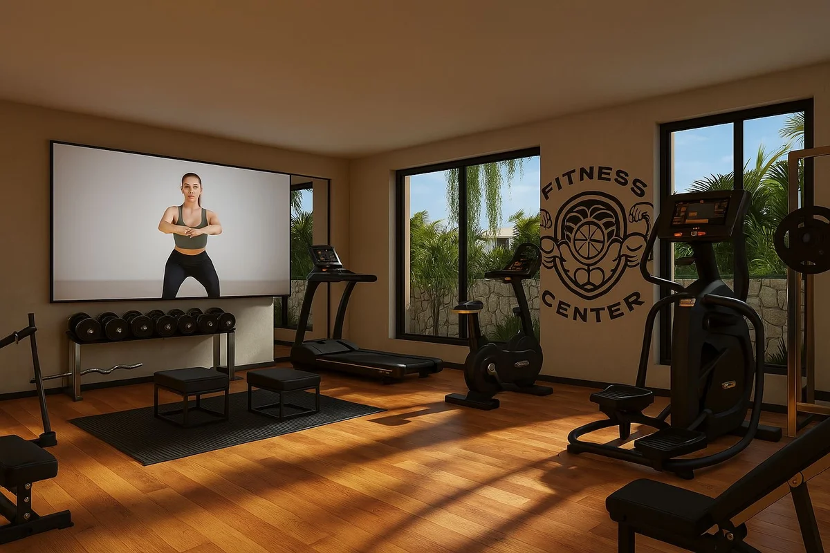 Image of Gym at Aurea, featuring Fitness Center, Home Gym.