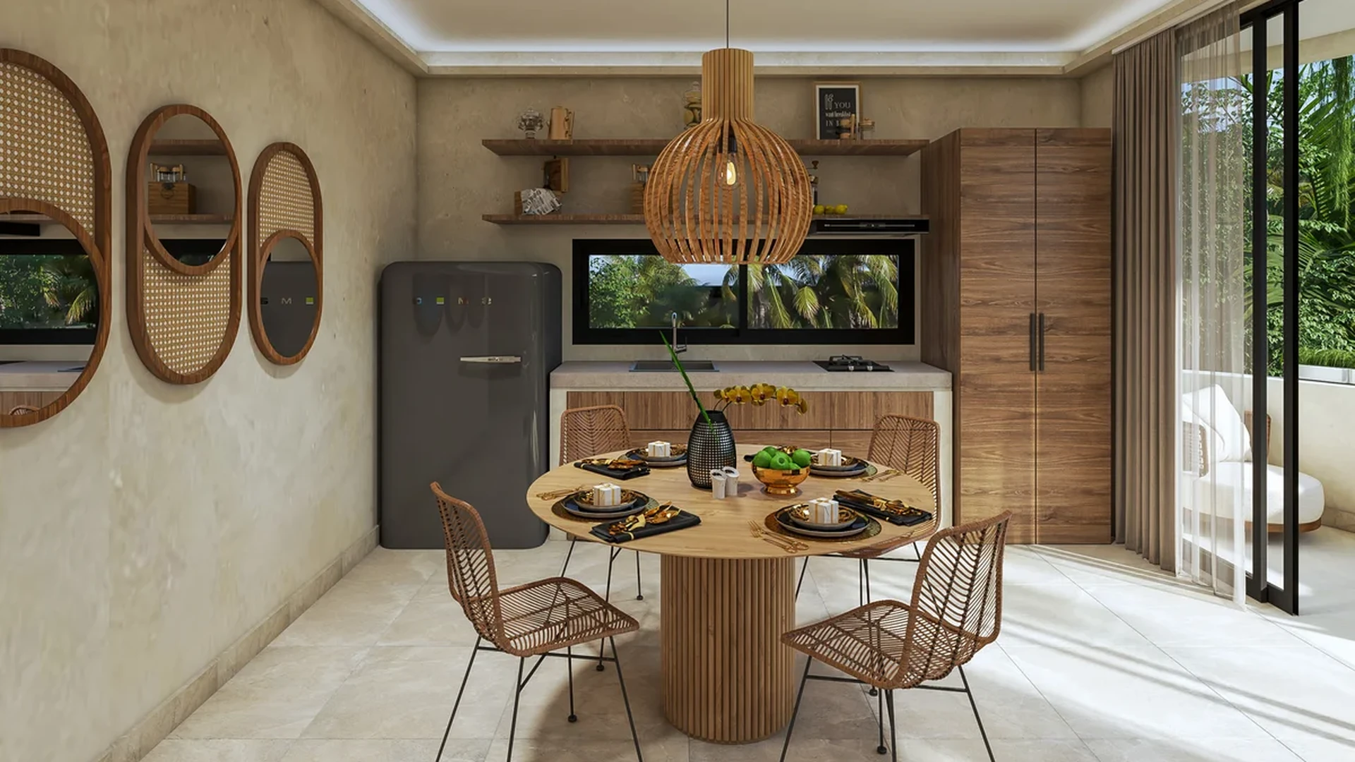 View of Dining Area at Aurea, showcasing Modern Kitchenette, Boho-Chic Design.