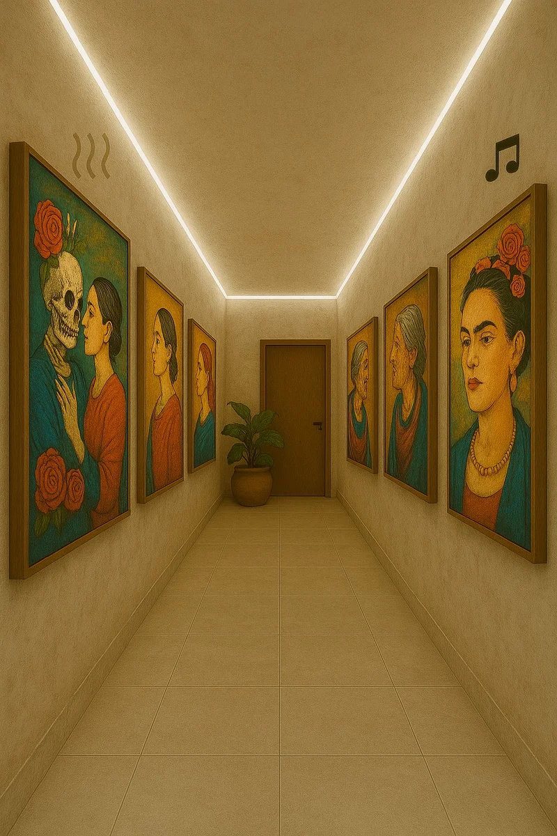 View of Art Gallery Hallway at Aurea, showcasing Modern Corridor, LED Strip Lighting.