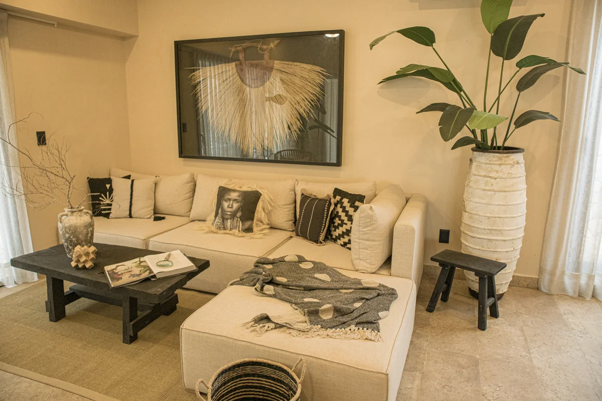 View of Living Room at Le Reve Cenote, showcasing Modern Decor, Boho Chic Interior.