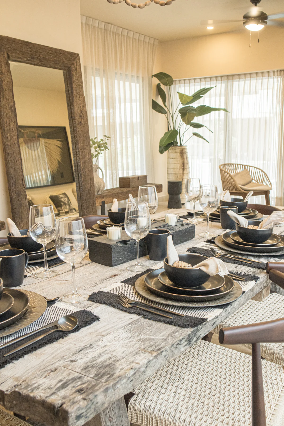 View of Dining Room at Le Reve Cenote, showcasing Rustic Design, Wooden Dining Table.