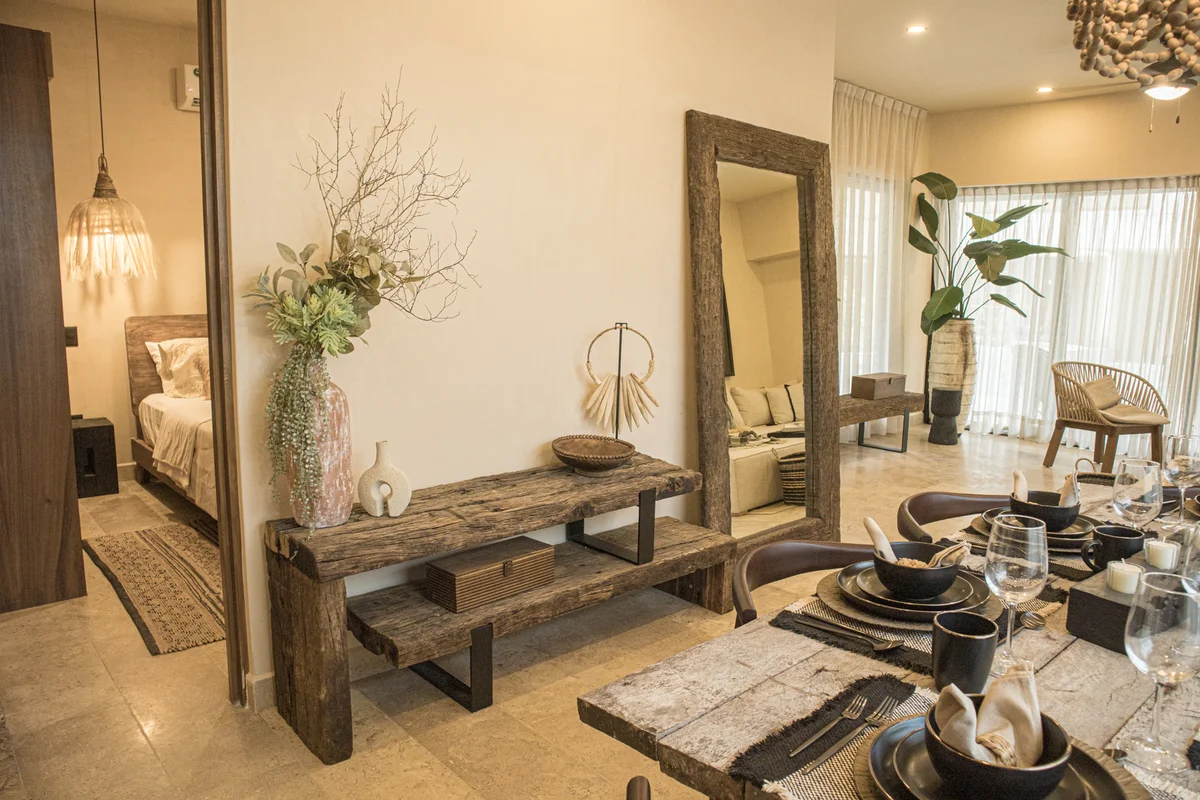 View of Dining Room at Le Reve Cenote, showcasing Rustic Modern Decor, Open Floor Plan.