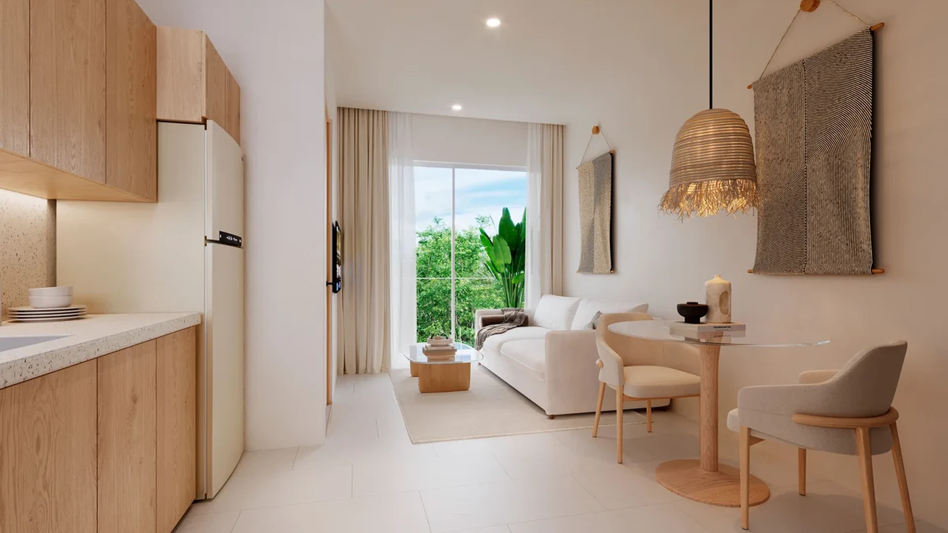 View of Open Concept Living at Menotto 11, showcasing Modern Apartment, Light Wood Kitchen.