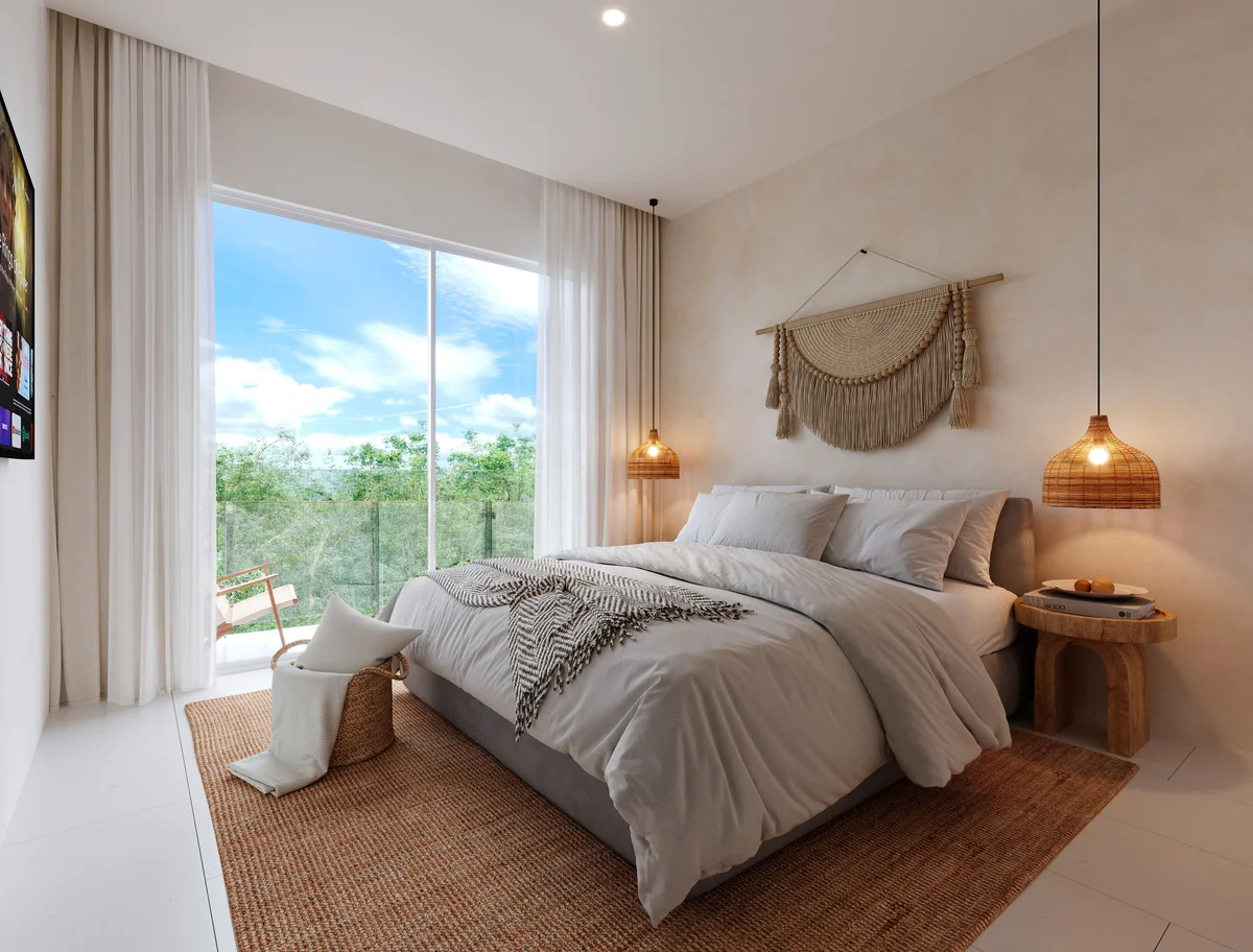View of Bedroom at Menotto 11, showcasing Boho Style, Natural Light.