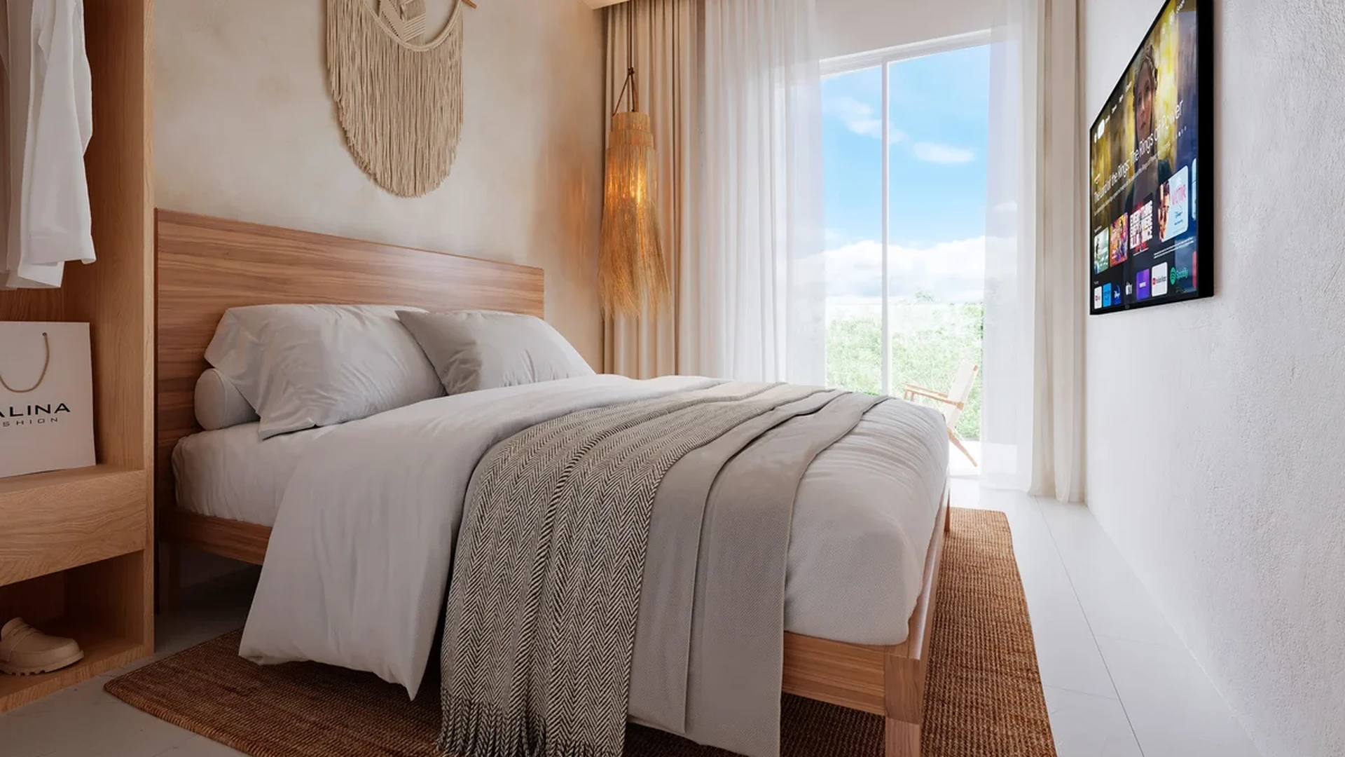 View of Bedroom Interior at Menotto 11, showcasing Natural Light, Wood Furniture.