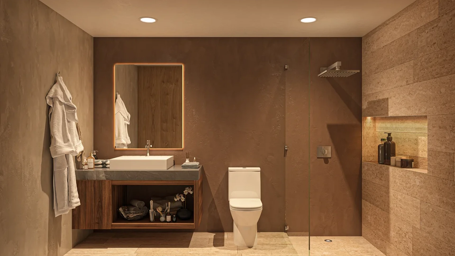 Image of a Modern Bathroom, featuring Walk-in Shower and Stone Tiling.