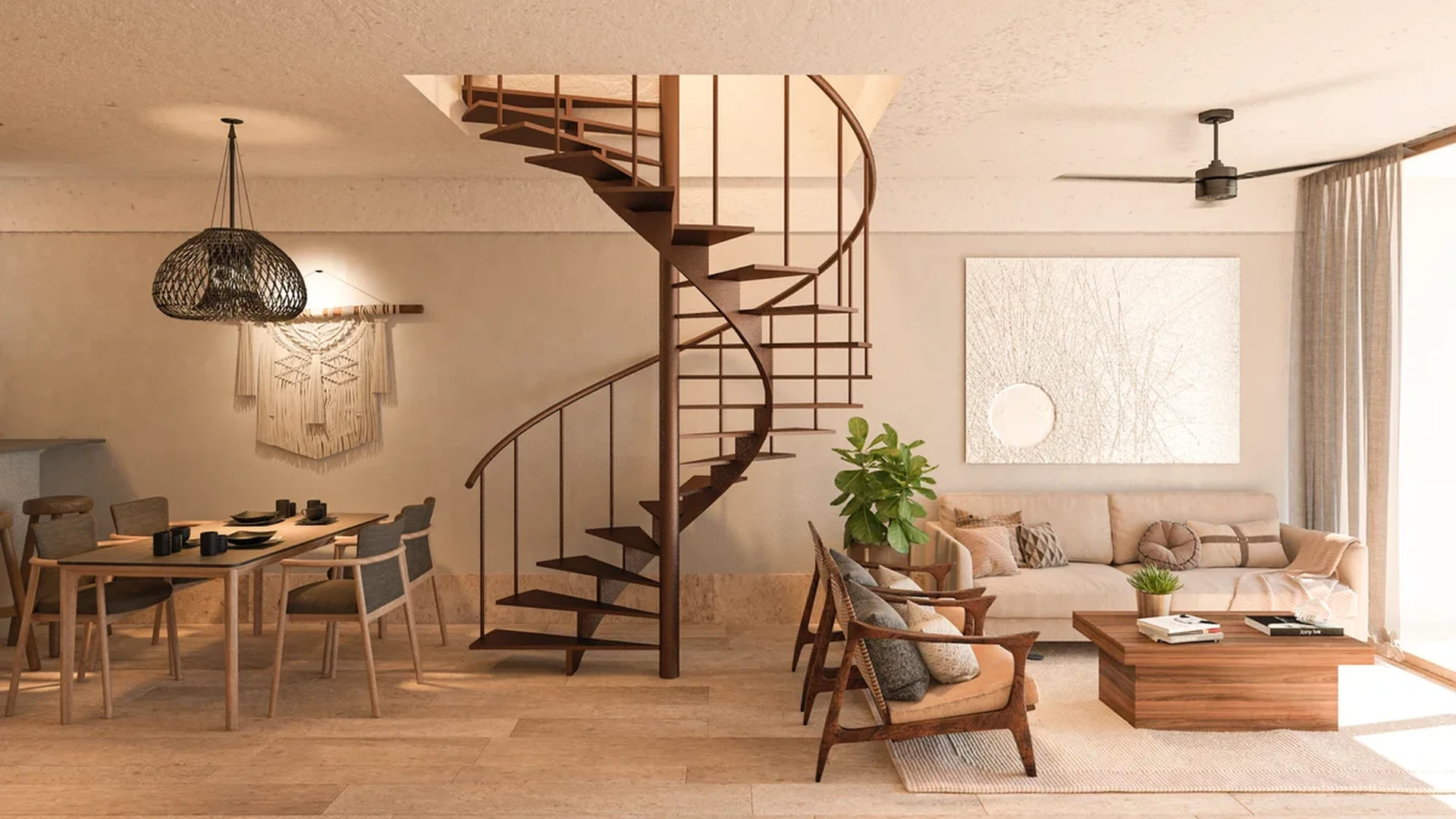 Image of a Open Concept Living, featuring Spiral Staircase and Bohemian Modern Decor.
