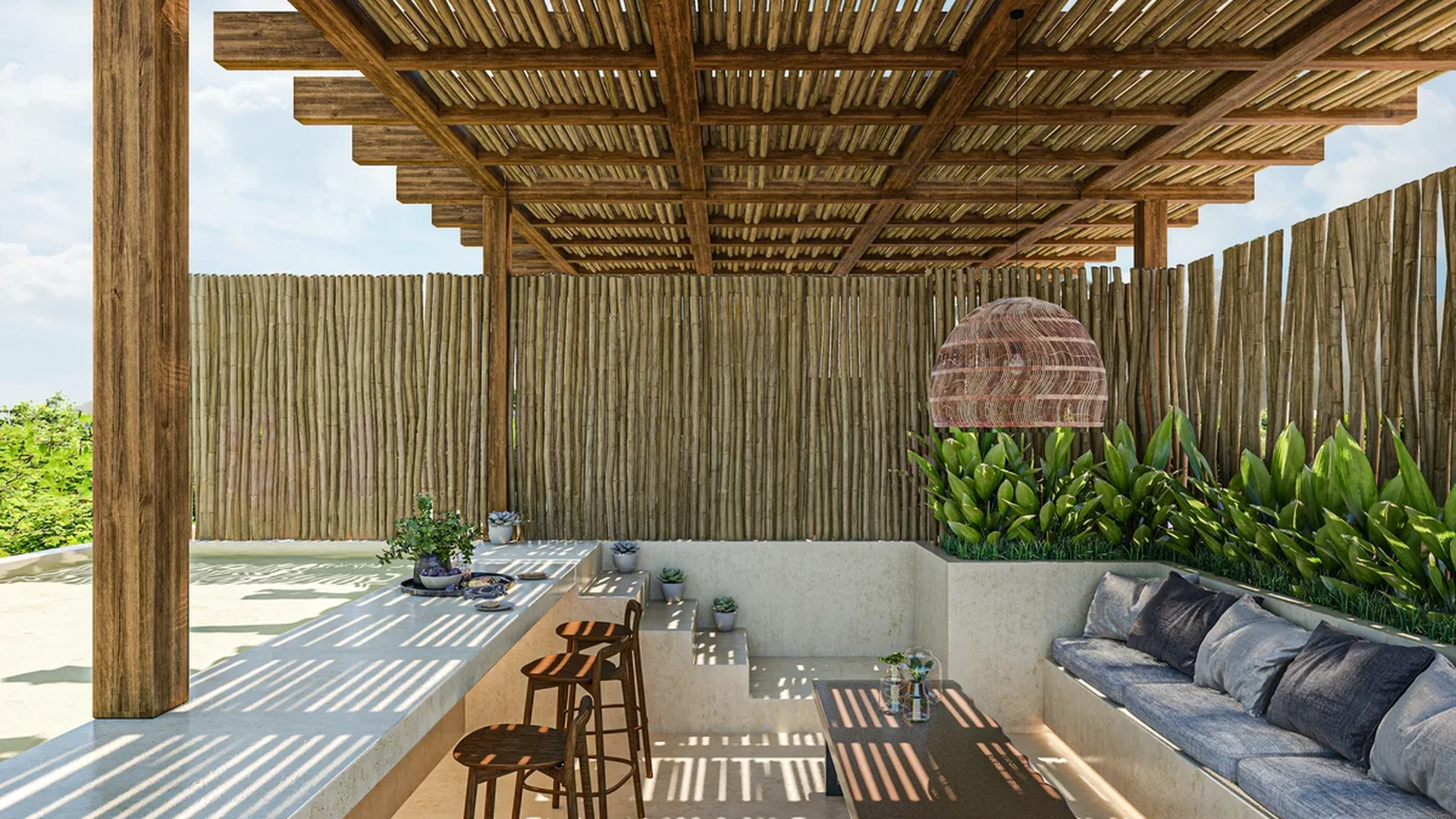 Image of a Rooftop Lounge, featuring Wooden Pergola and Sunken Seating Area.
