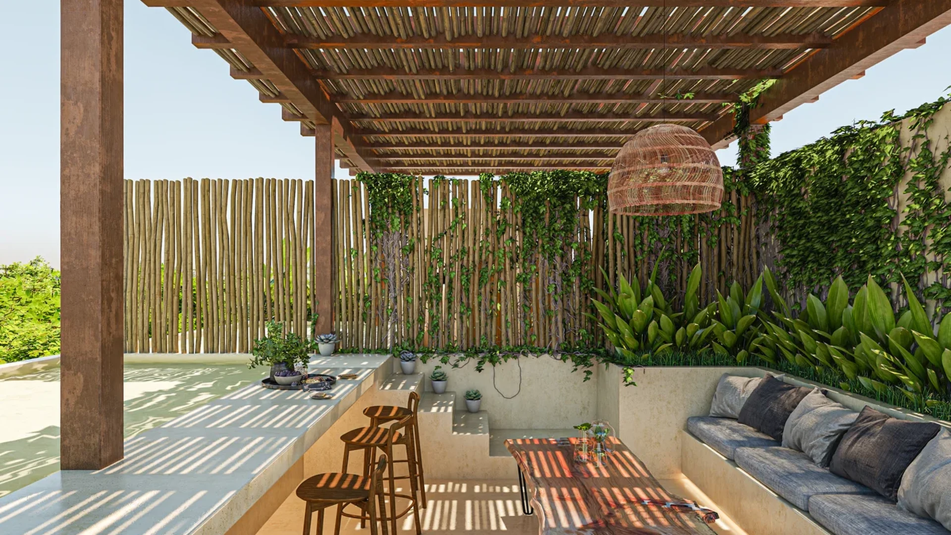 Image of a Rooftop Terrace, featuring Wooden Pergola and Sunken Lounge.