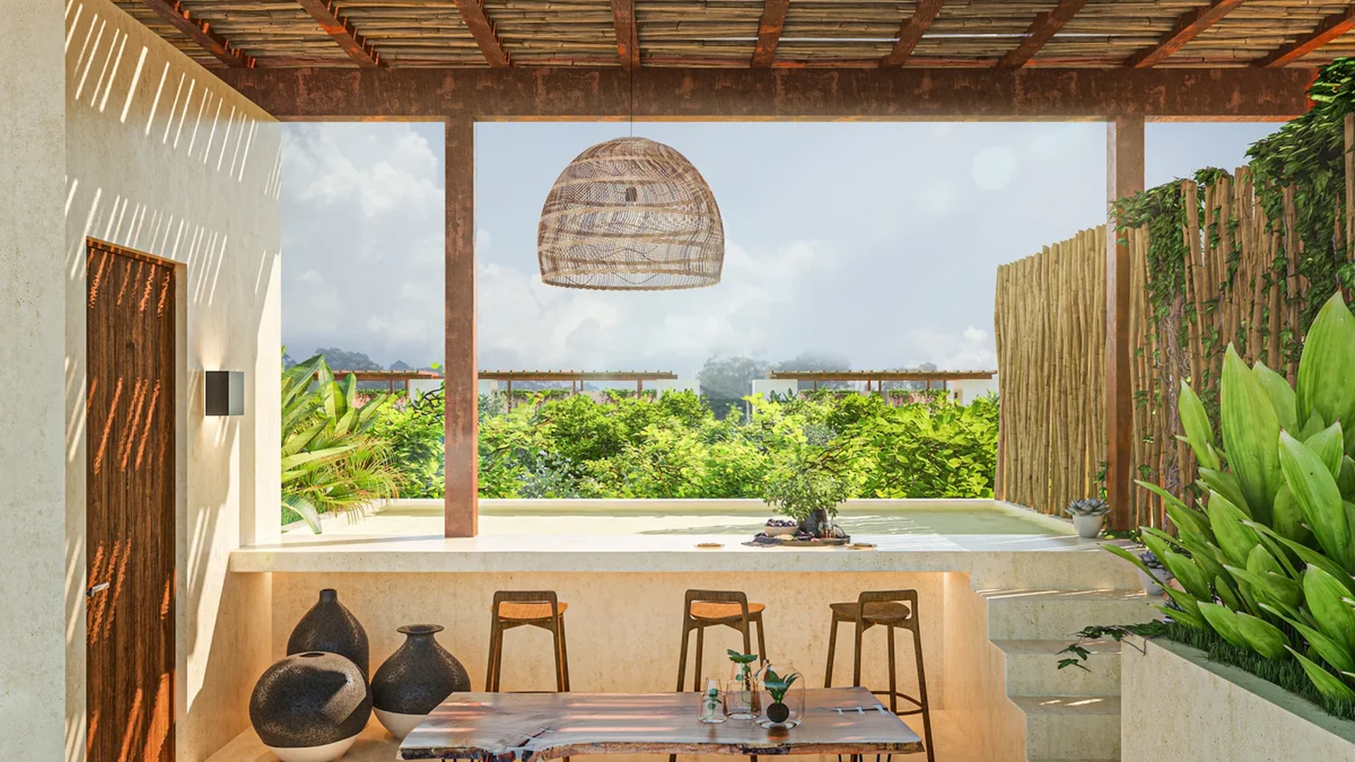 Image of a Covered Terrace, featuring Sunken Lounge and Rustic Pergola.
