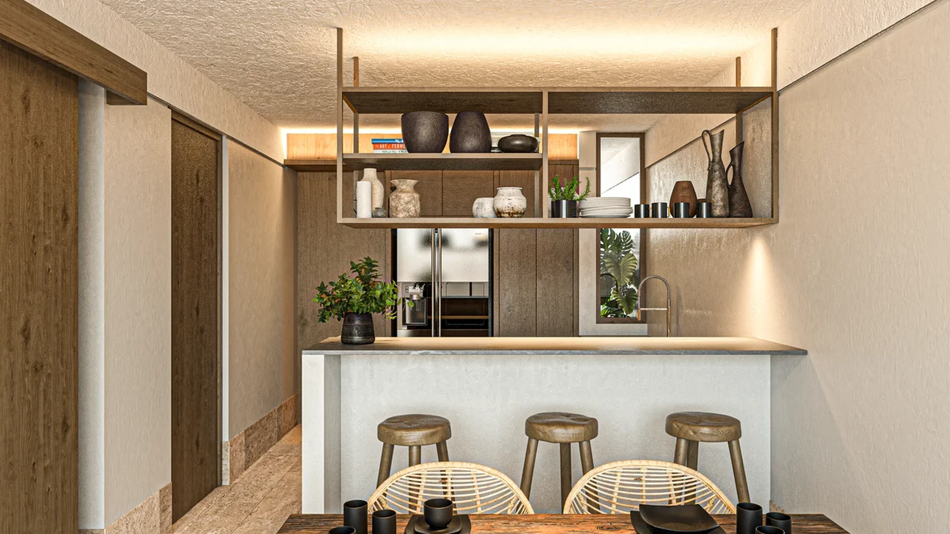 Image of a Dining Area, featuring Kitchen with Breakfast Bar and Rustic Wood Dining Table.