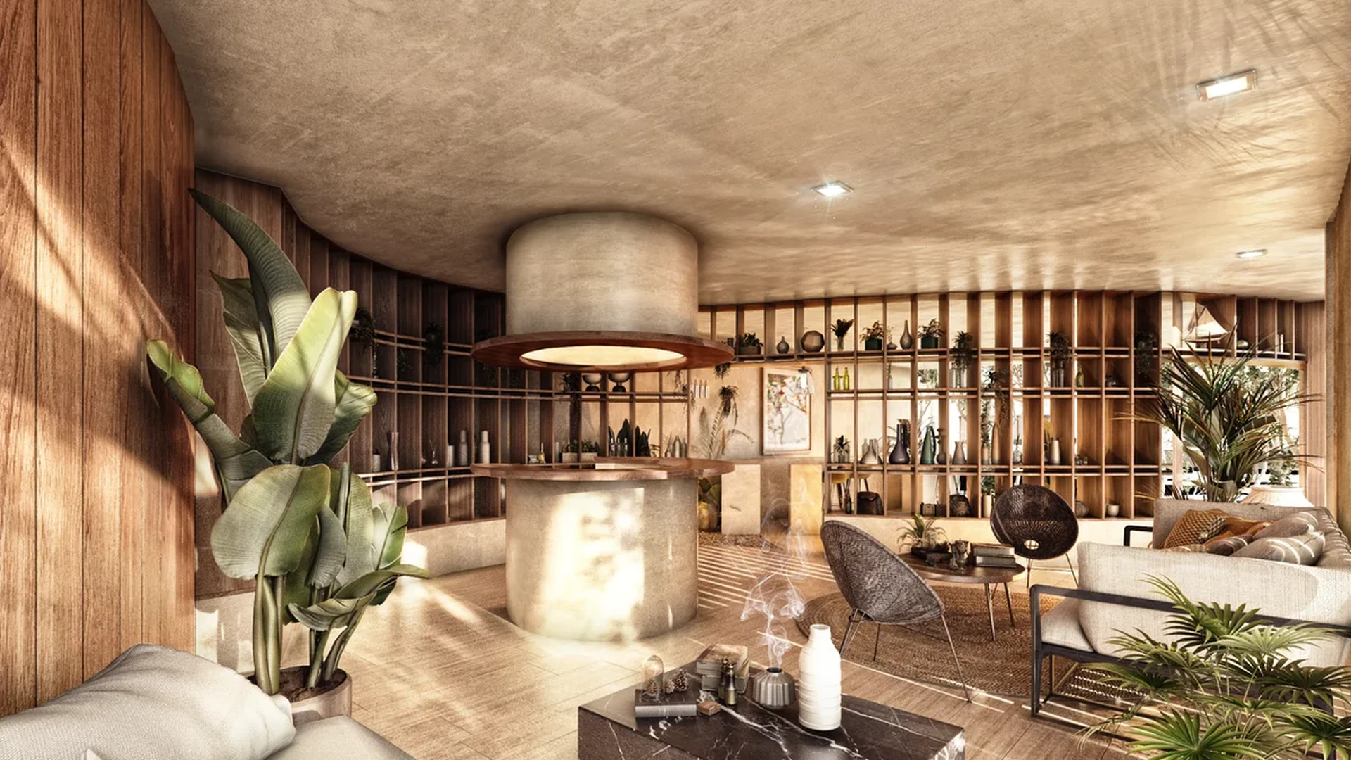 Image of a Social Lounge, featuring Organic Modern Design and Wood Paneling.