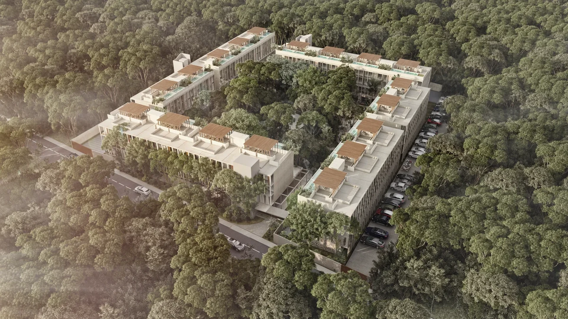 Image of a Jungle Setting, featuring Modern Architecture and Rooftop Terrace.