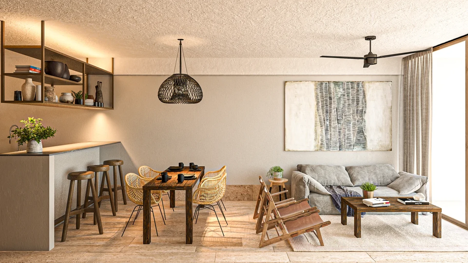 Image of a Open-Concept Living, featuring Breakfast Bar and Bohemian-Chic Decor.