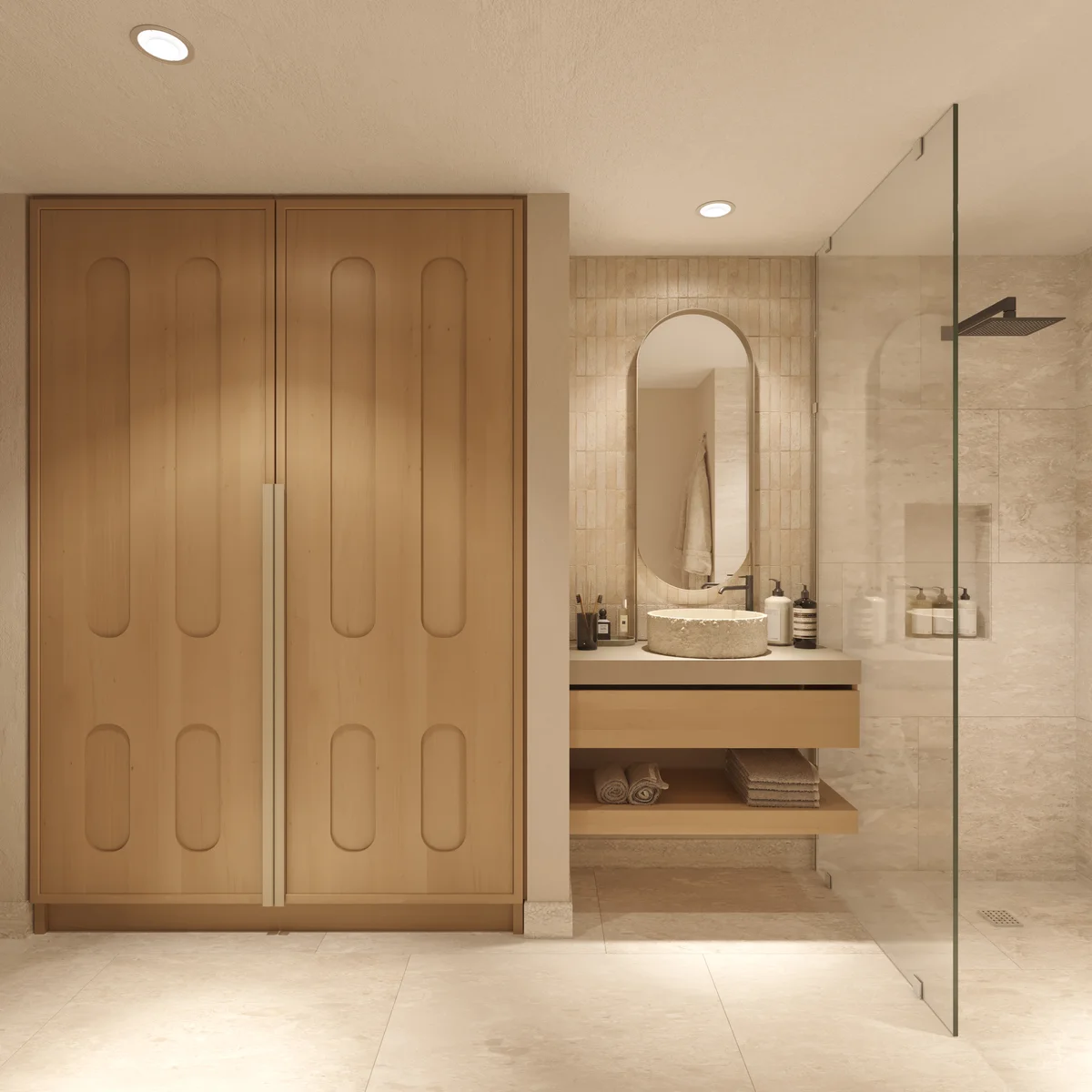View of Modern Bathroom at Vernal, showcasing Walk-in Shower, Stone Vessel Sink.