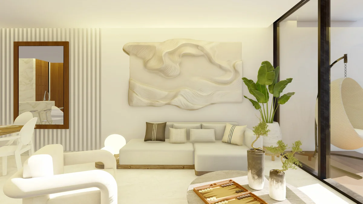 View of Modern Living Room at Existence, showcasing Contemporary Interior Design, Neutral Decor.