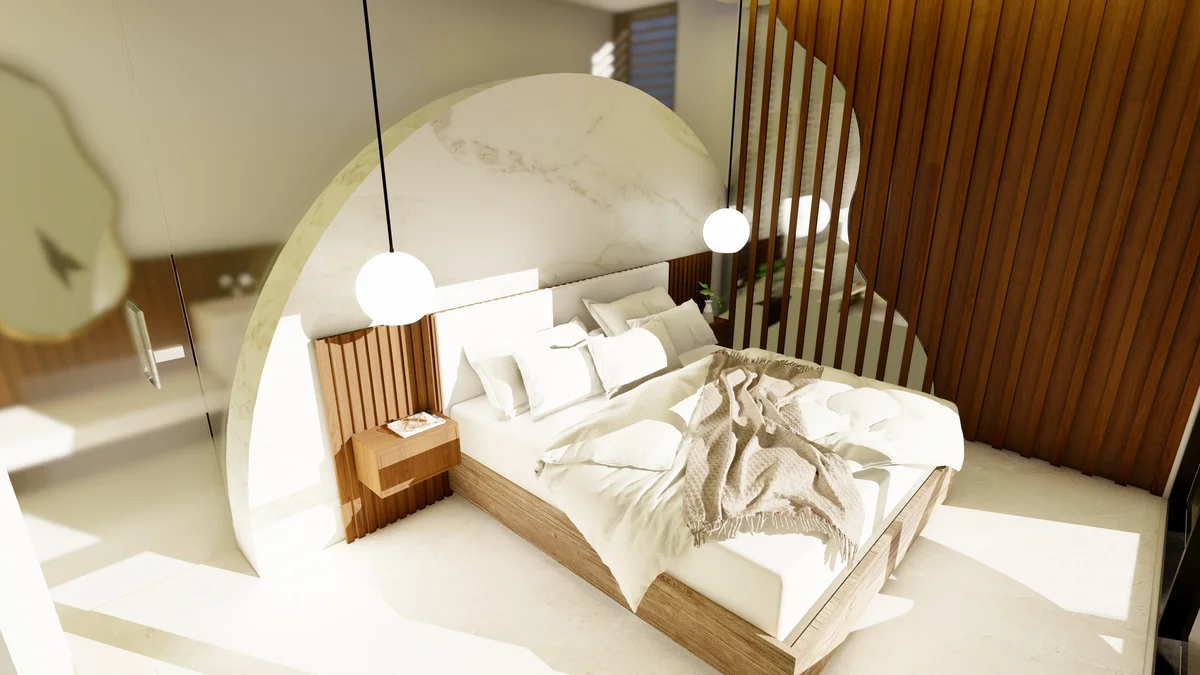 View of Modern Bedroom at Existence, showcasing Wood Accent Wall, Marble Headboard.