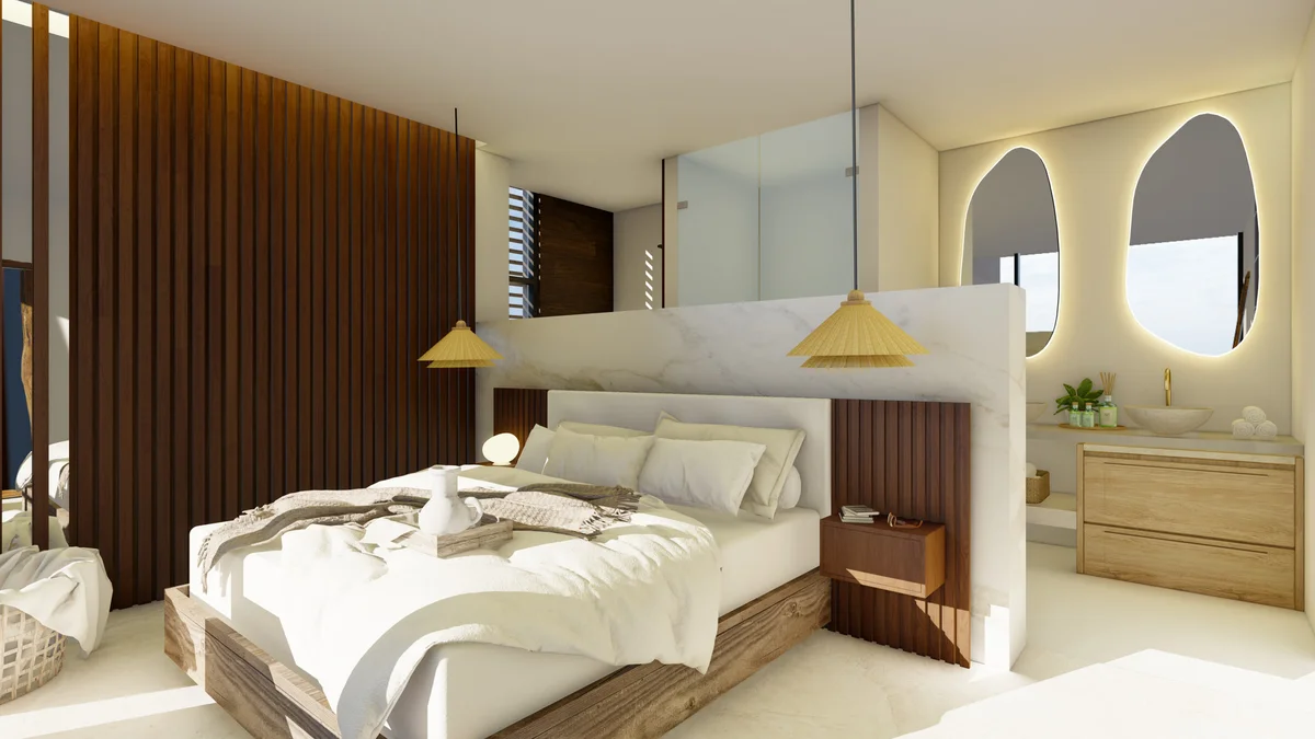 View of Modern Bedroom at Existence, showcasing En-suite Bathroom, Wood Accent Wall.