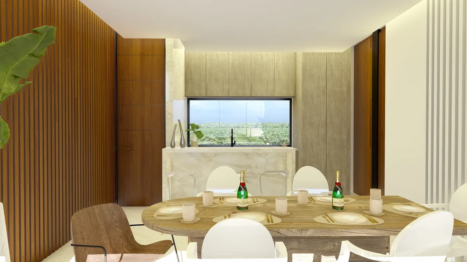 View of Modern Dining Room at Existence, showcasing Wood Slat Wall, Luxury Interior.