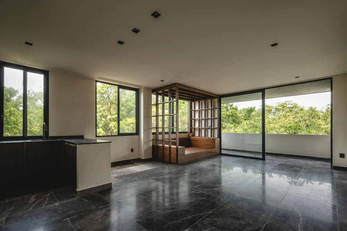 View of Open Concept Living at Humana, showcasing Marble Flooring, Natural Light.