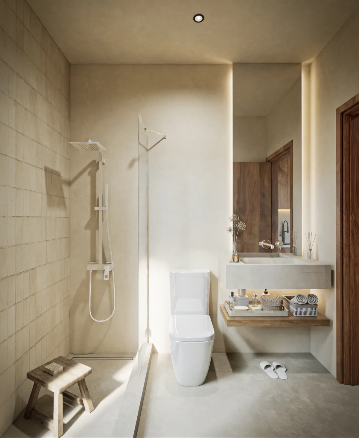 View of Modern Bathroom at Suutuk, showcasing Walk-in Shower, Rainfall Shower Head.