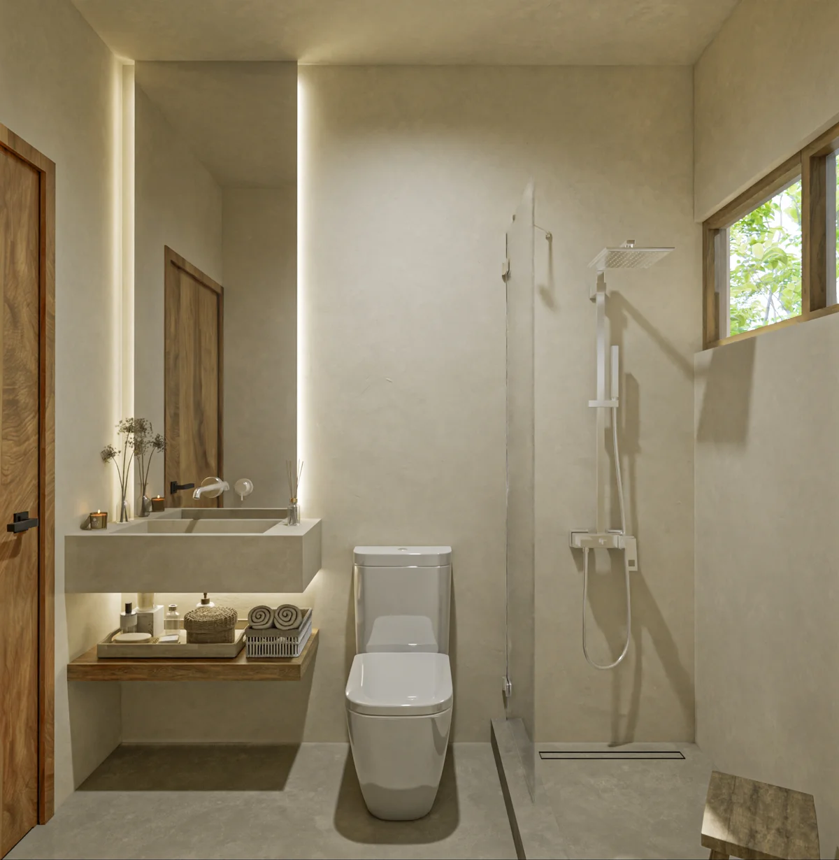 View of Modern Bathroom at Suutuk, showcasing Walk-in Shower, Rain Shower Head.