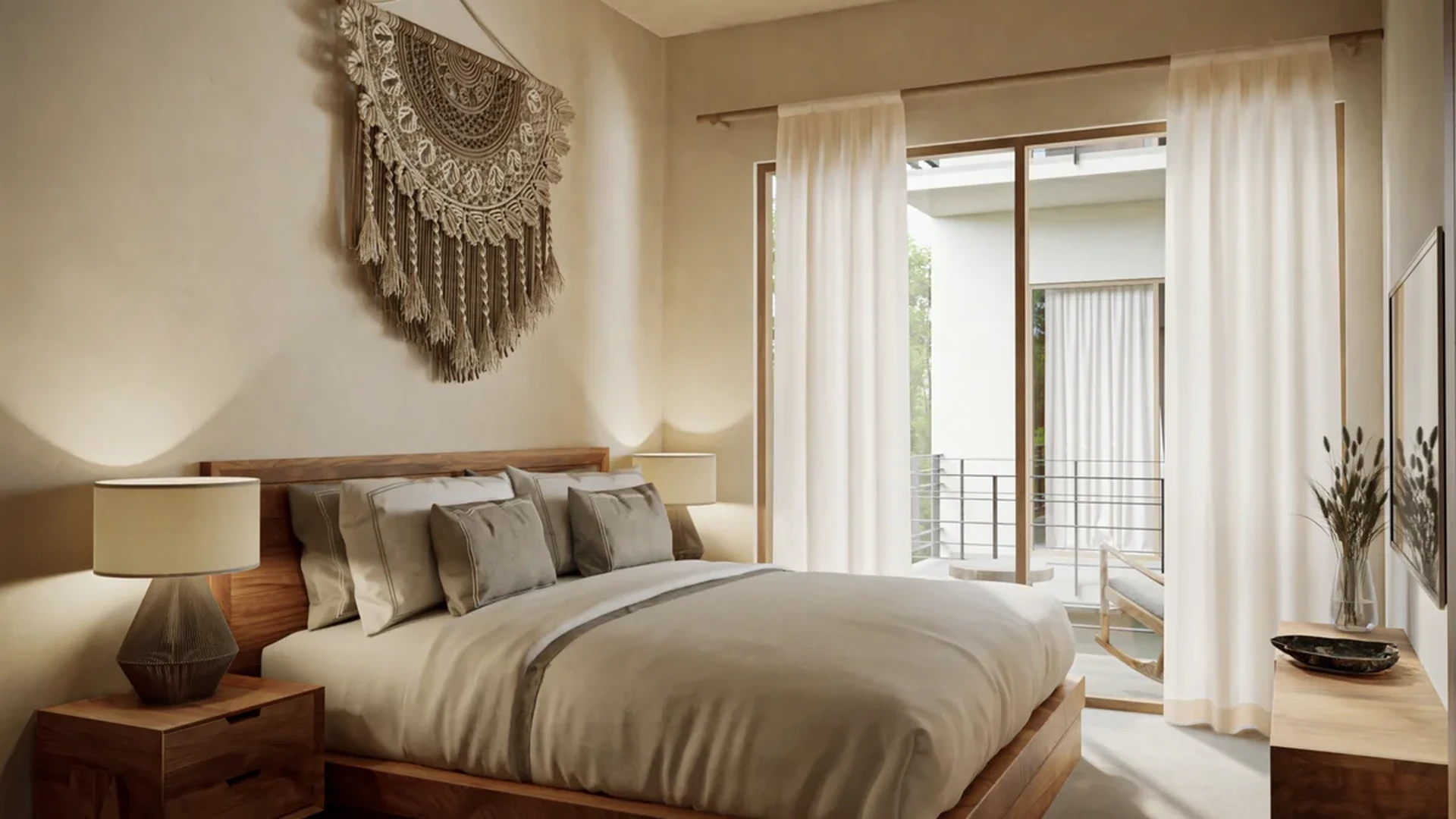 View of Master Bedroom at Suutuk, showcasing Bohemian Decor, Natural Light.