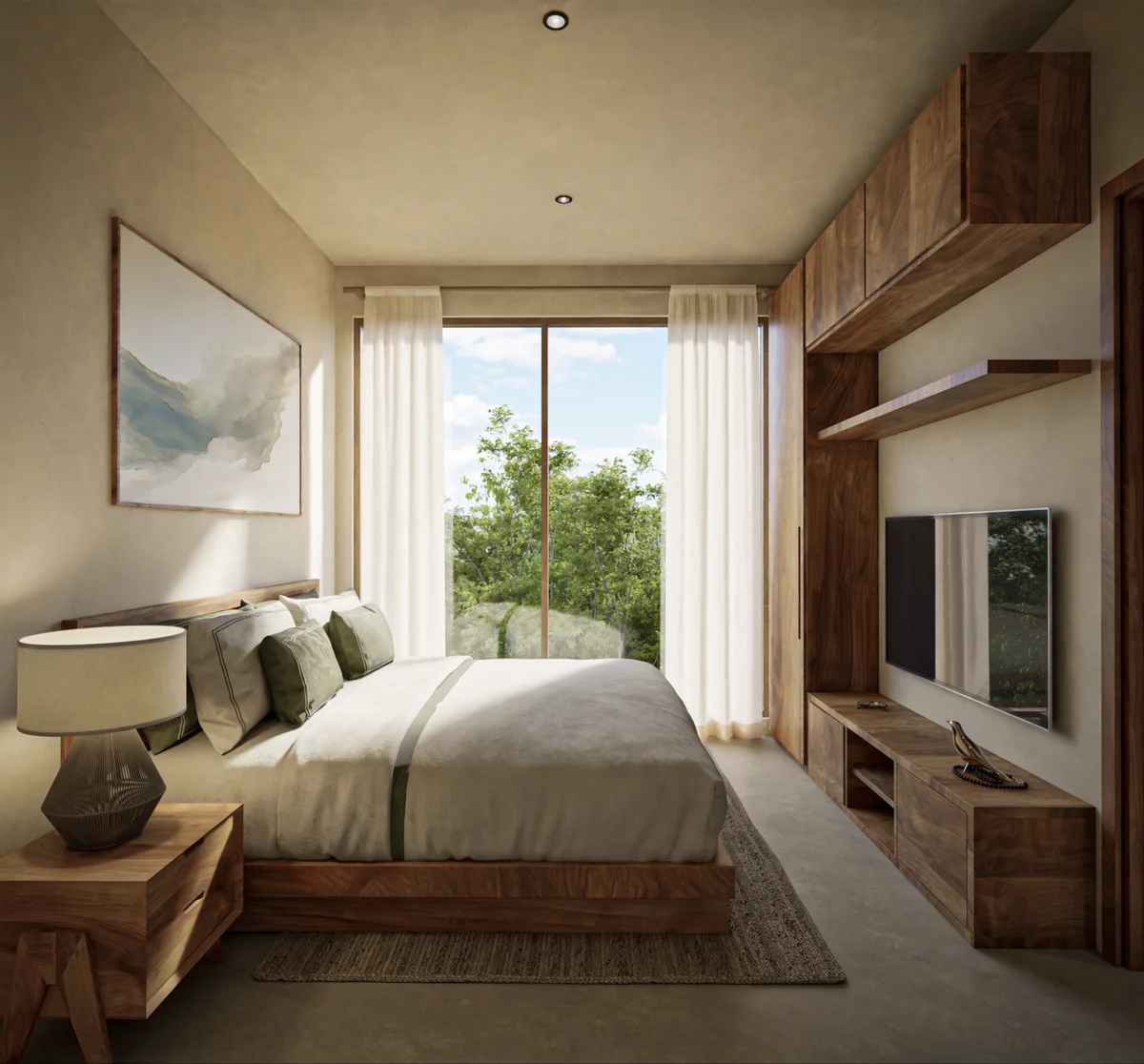 View of Modern Bedroom at Suutuk, showcasing Natural Light, Wood Furniture.