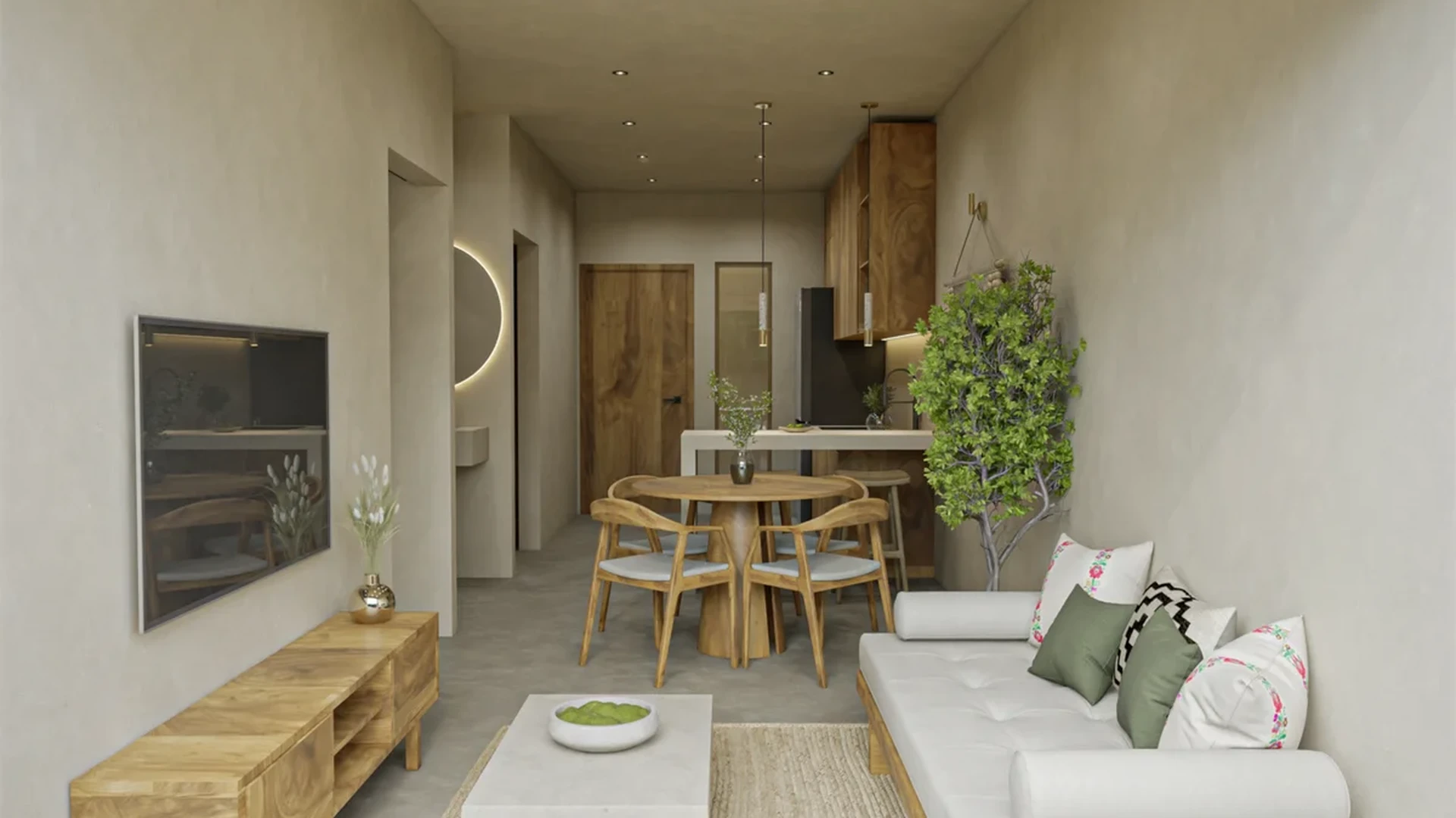 View of Open Concept Living at Suutuk, showcasing Modern Apartment, Natural Wood Finishes.