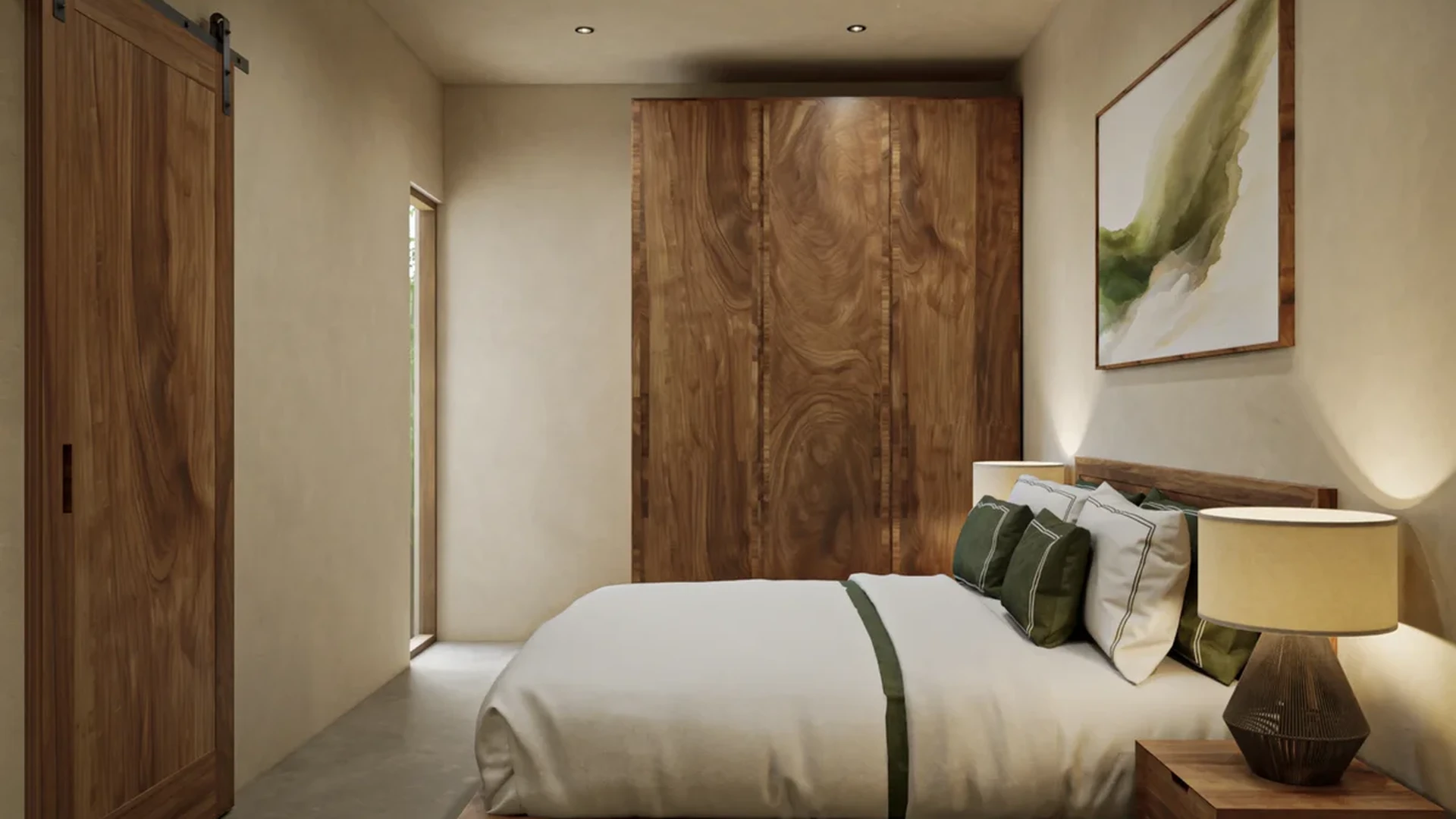 View of Bedroom at Suutuk, showcasing Modern Interior, Wood Furniture.
