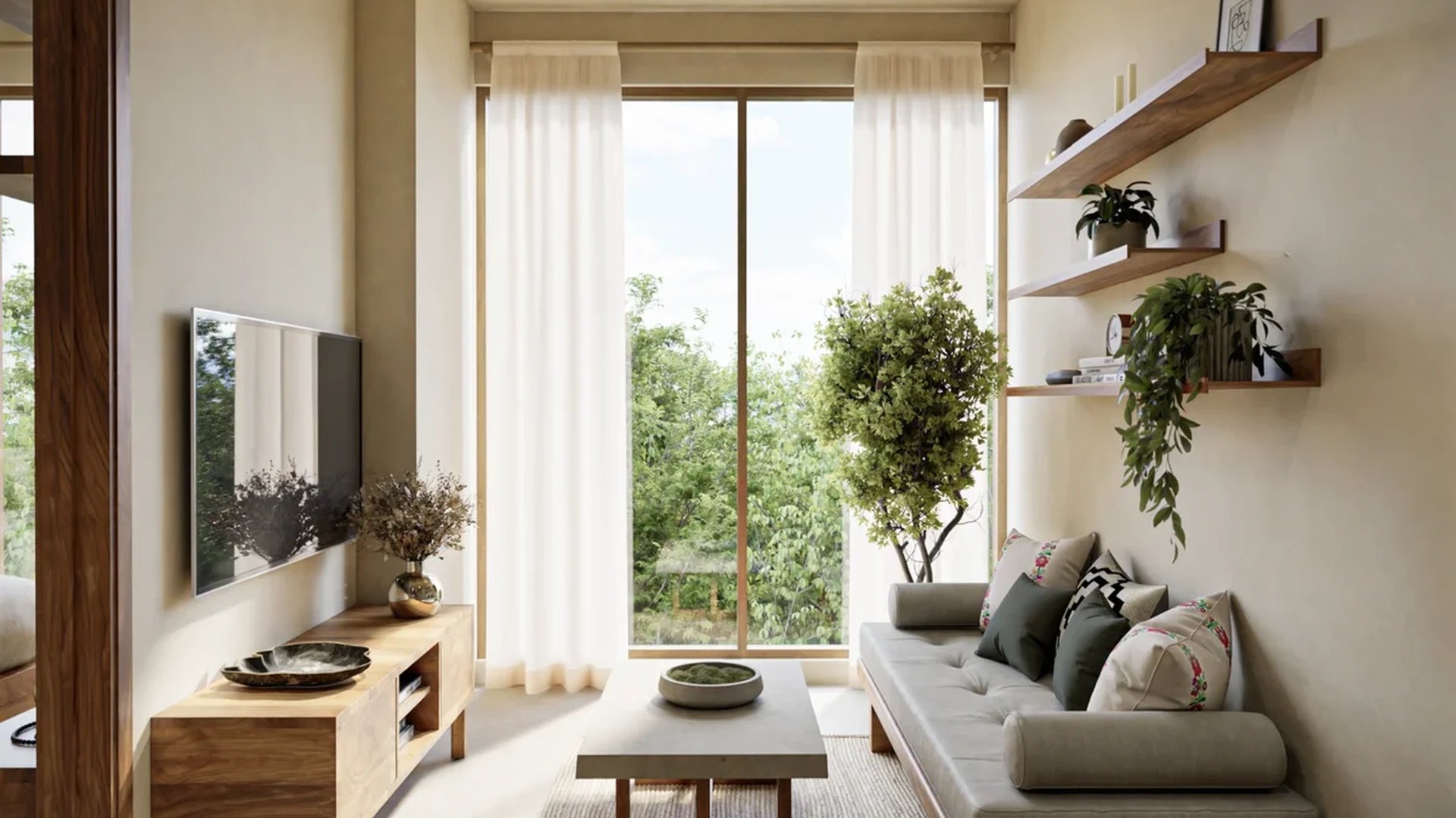 View of Living Room at Suutuk, showcasing Modern Interior Design, Natural Light.