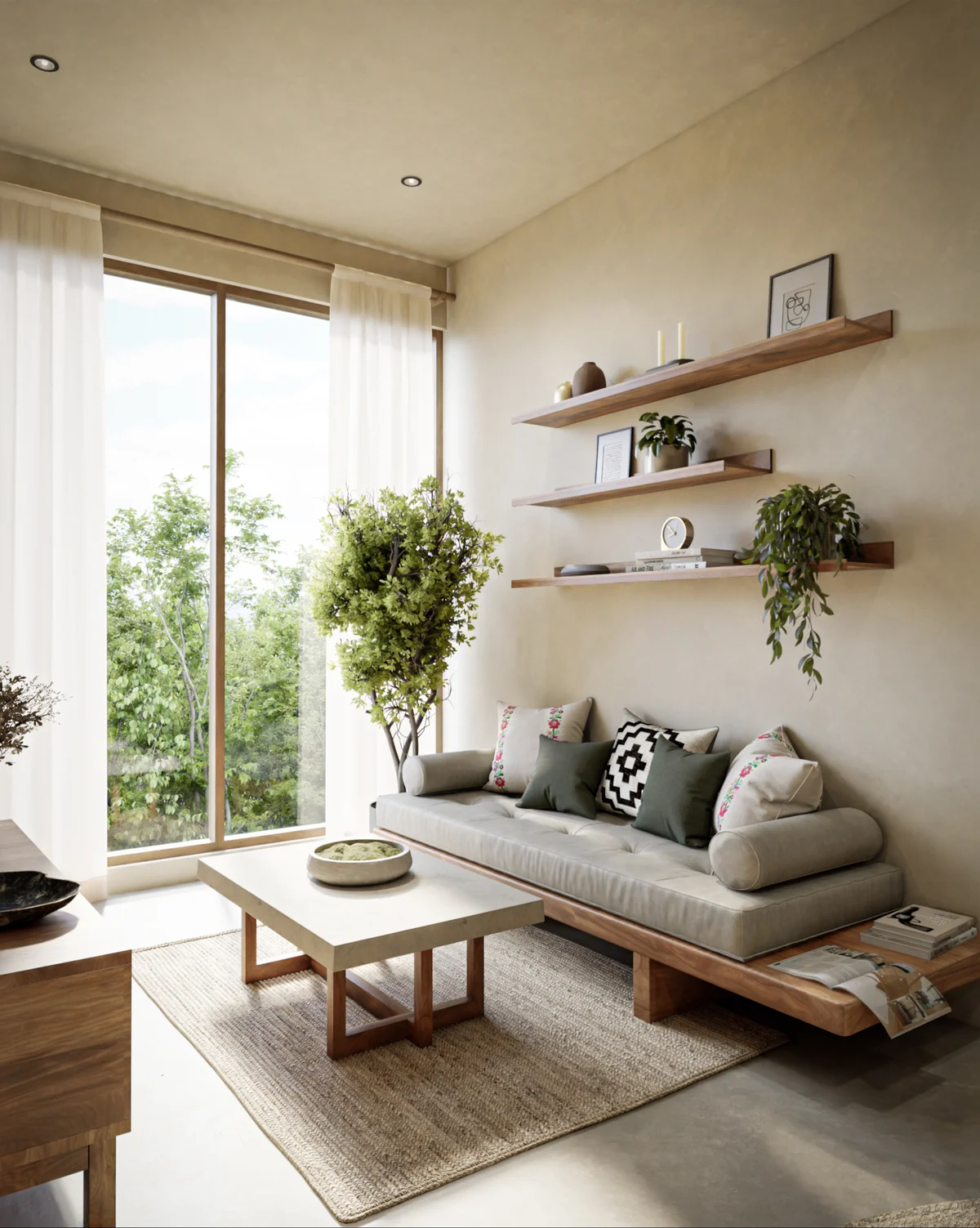 View of Living Room at Suutuk, showcasing Natural Light, Japandi Style.