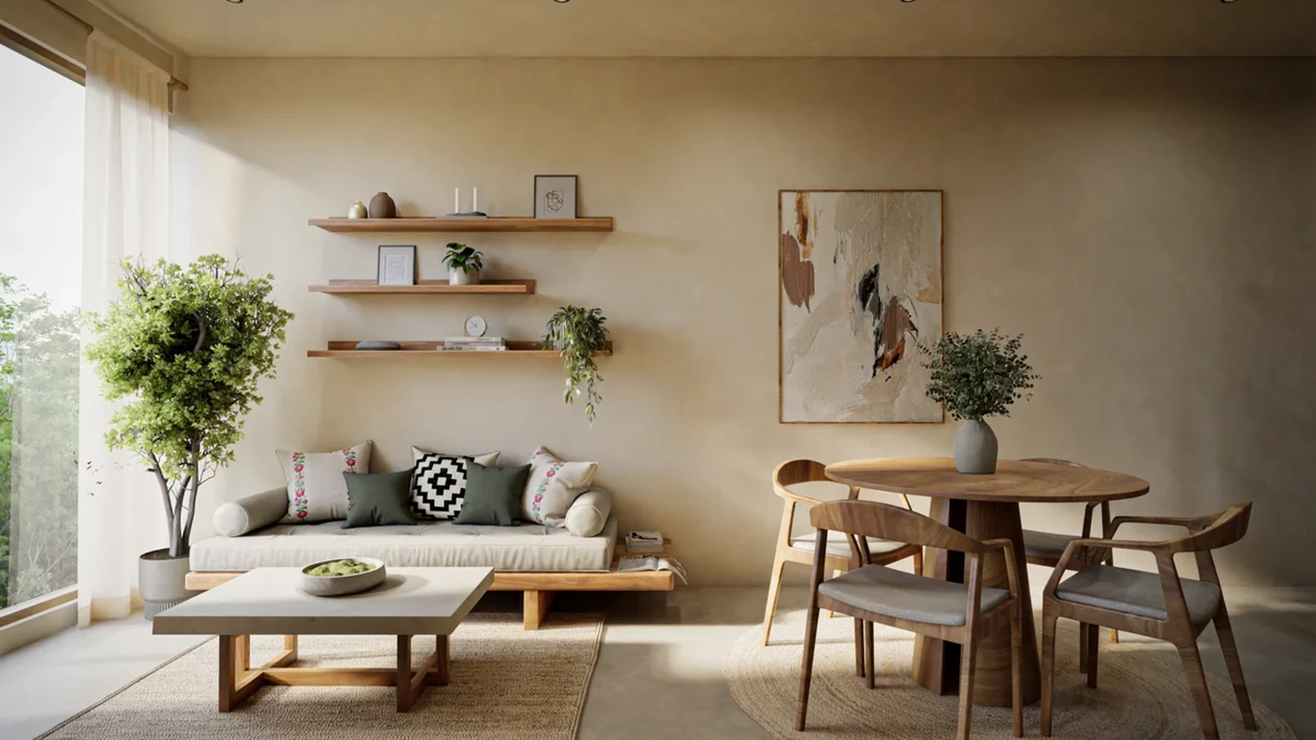 View of Open Concept Living at Suutuk, showcasing Natural Light, Japandi Style Interior.