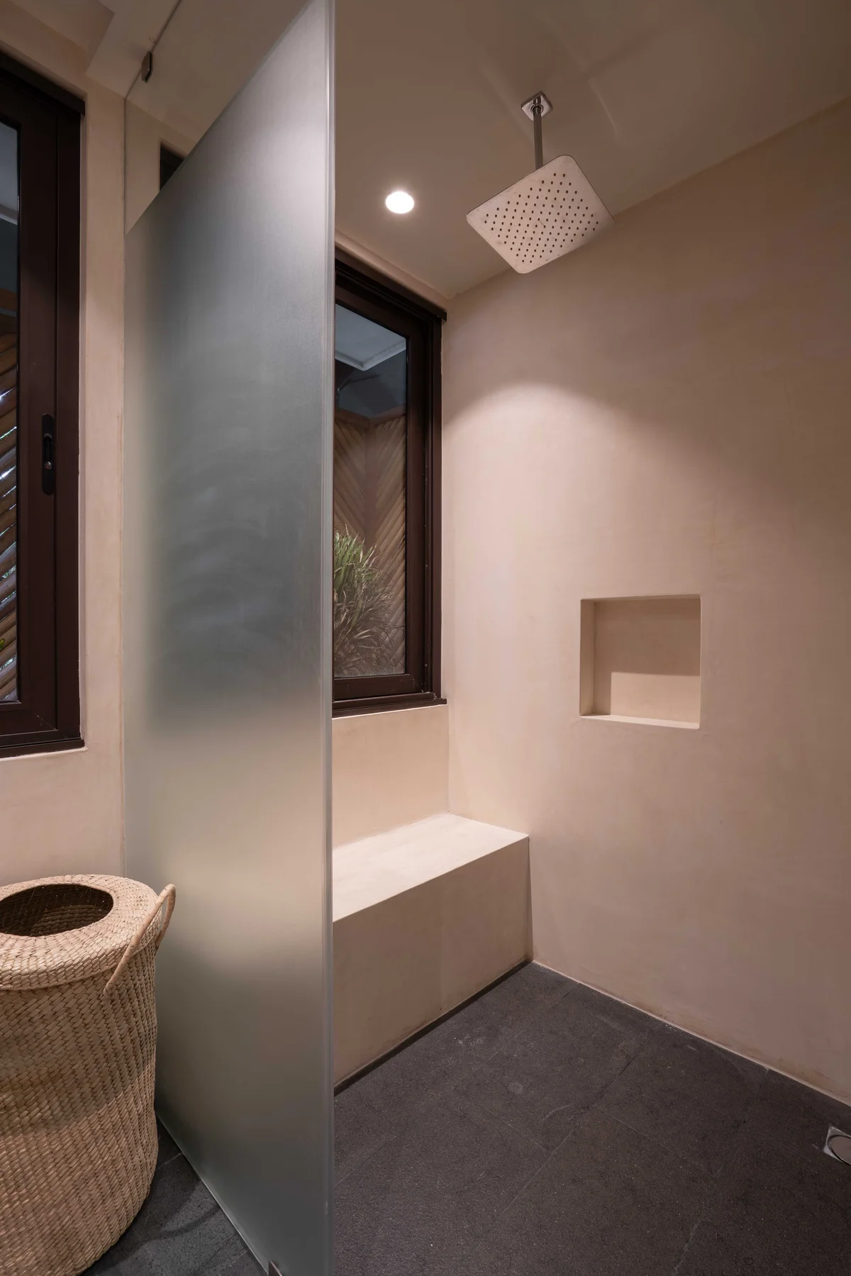 View of Modern Bathroom at Miraluna, showcasing Walk-in Shower, Rainfall Showerhead.