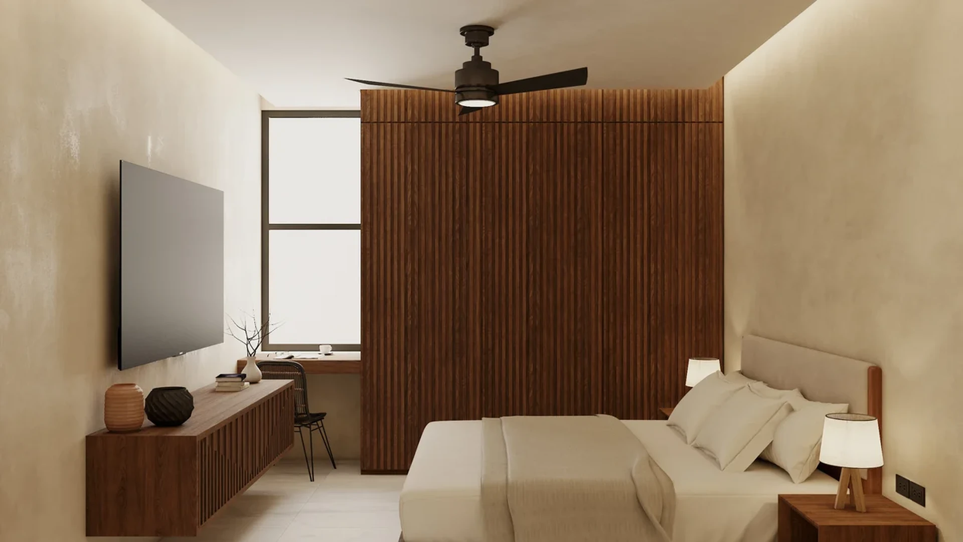 View of Modern Bedroom at Piedra de Mar, showcasing Wood Accent Wall, Minimalist Interior.