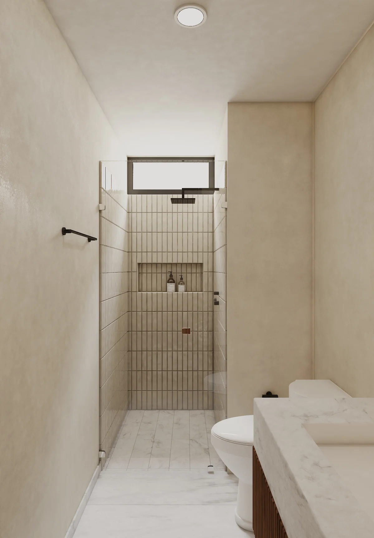 View of Modern Bathroom at Piedra de Mar, showcasing Walk-in Shower, Glass Shower Door.
